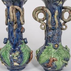 Majolica Electrified Vase Lamps with Snake Handles, Frog and Lizard Decoration