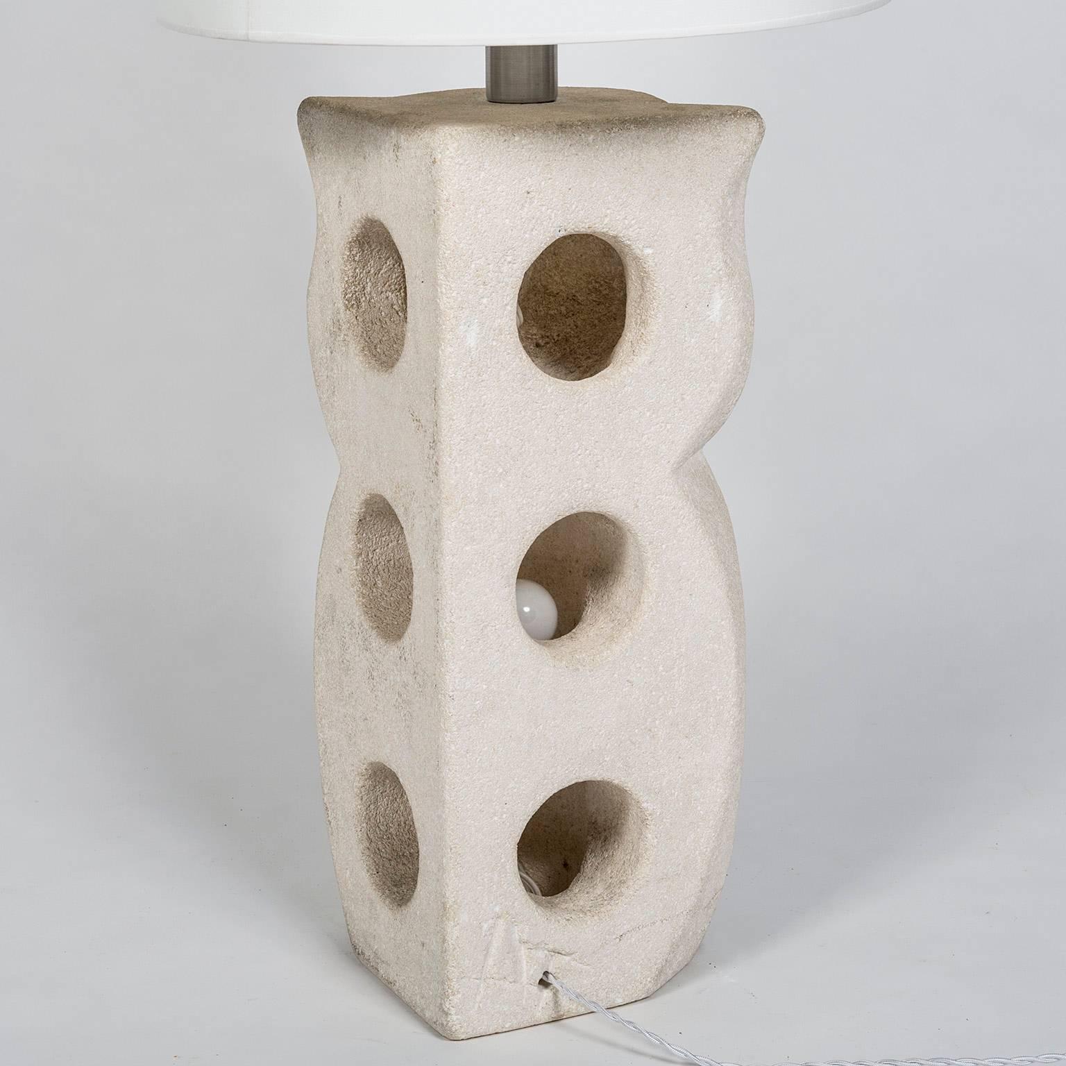 Mid-Century Modern Lamp or Lantern Owl Sculpted in Limestone Signed by Albert Tormos, French, 1970s