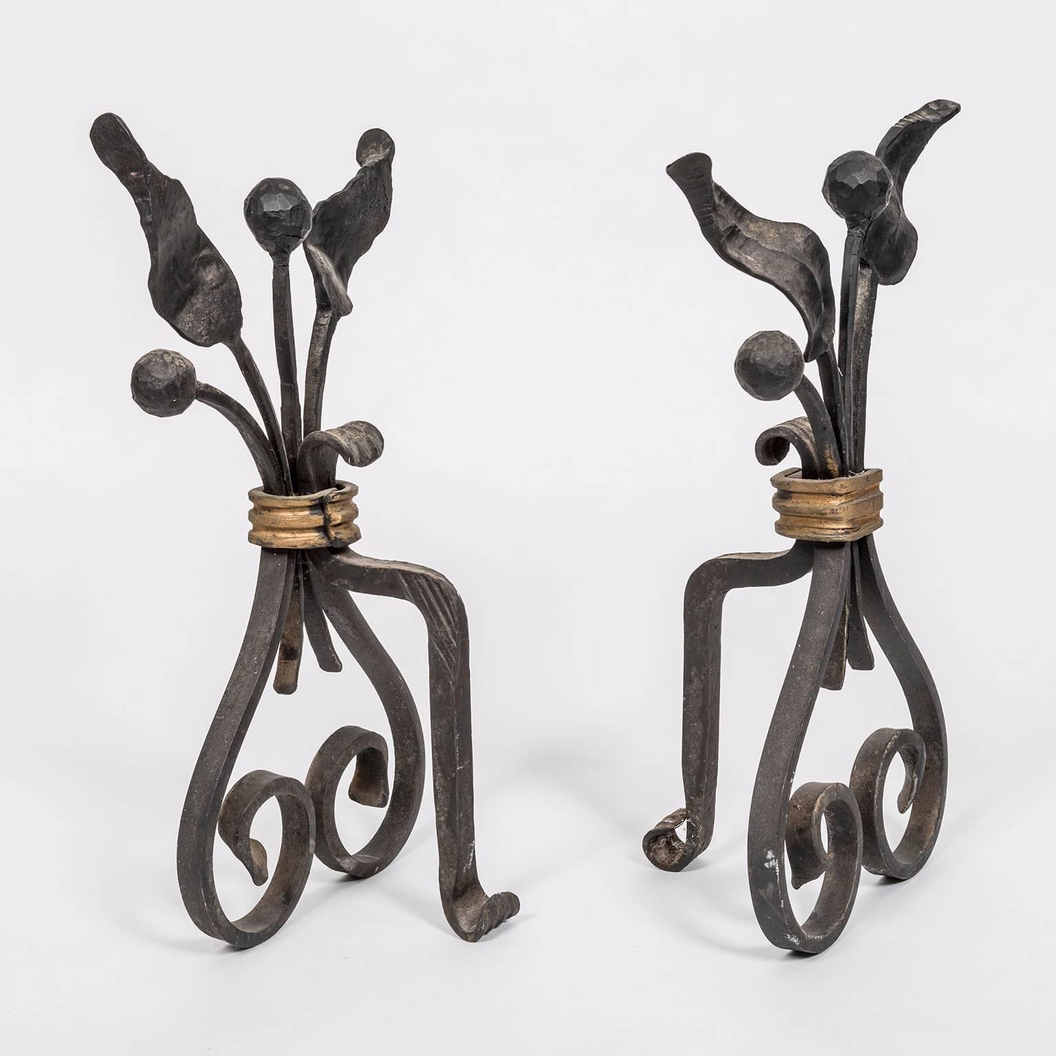 Beautiful pair of 1940s, French and gilt forged flower bunch andirons.