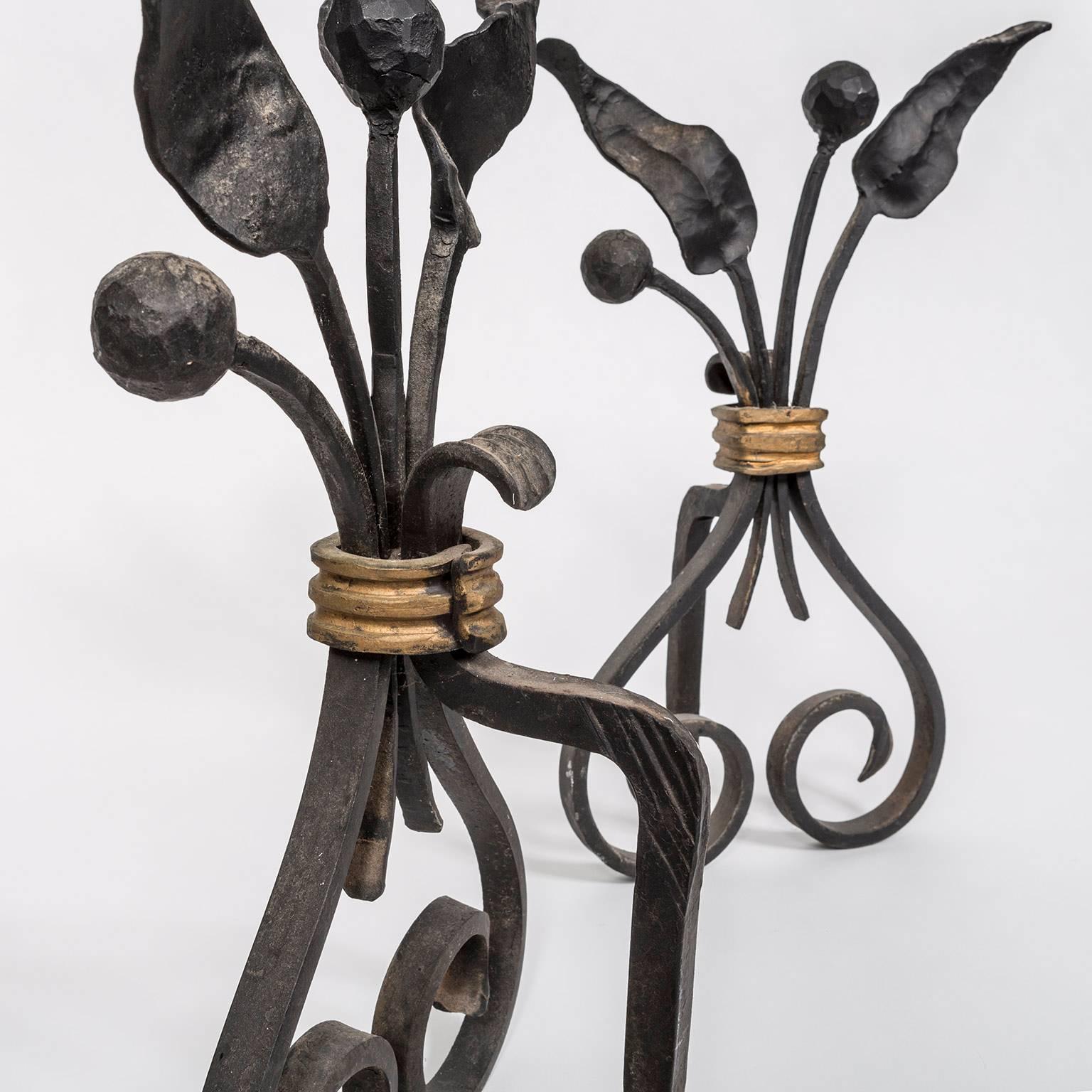 Art Nouveau Pair of 1940s, French Forged and Gilt Flower Bunch Andirons