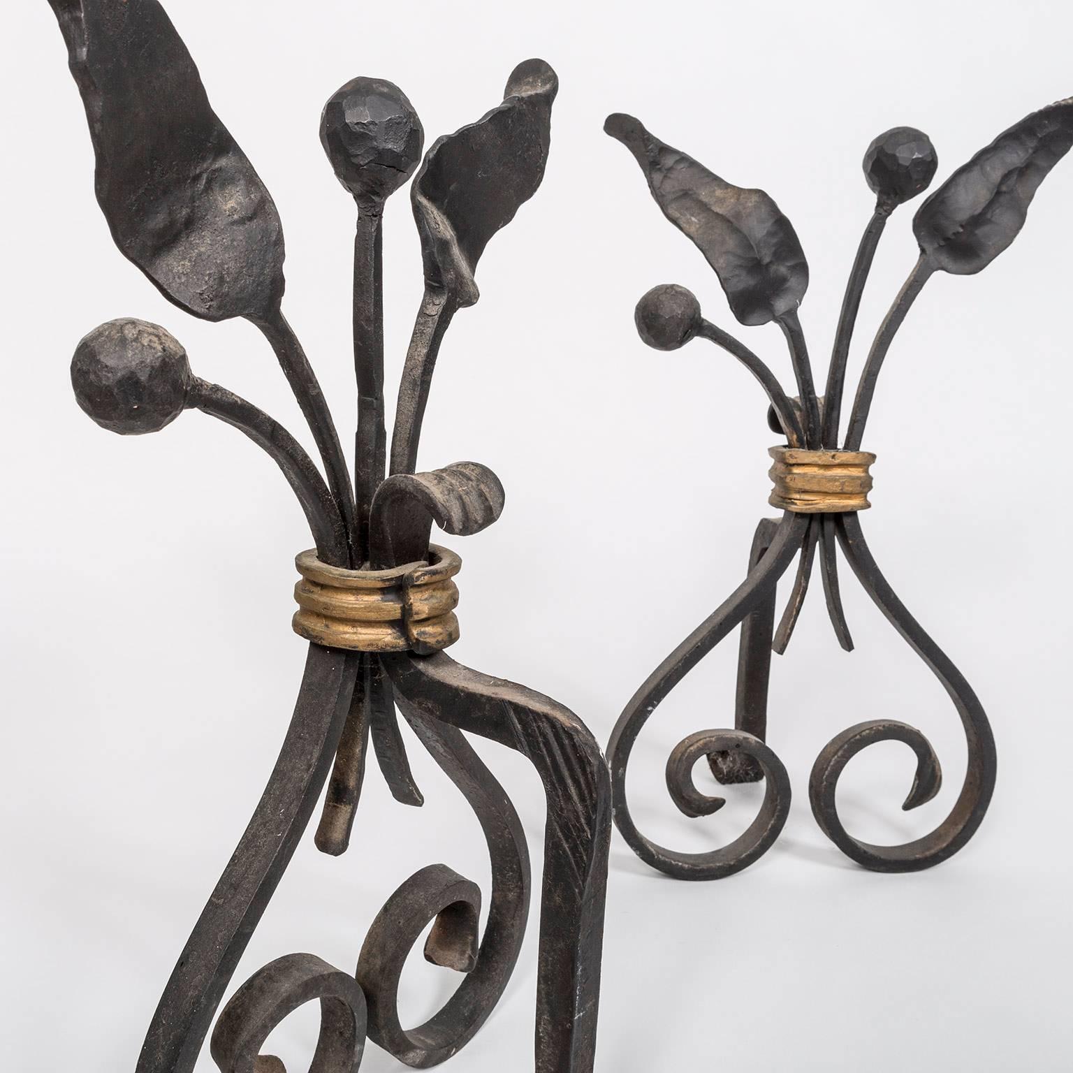 Pair of 1940s, French Forged and Gilt Flower Bunch Andirons In Good Condition In New York, NY