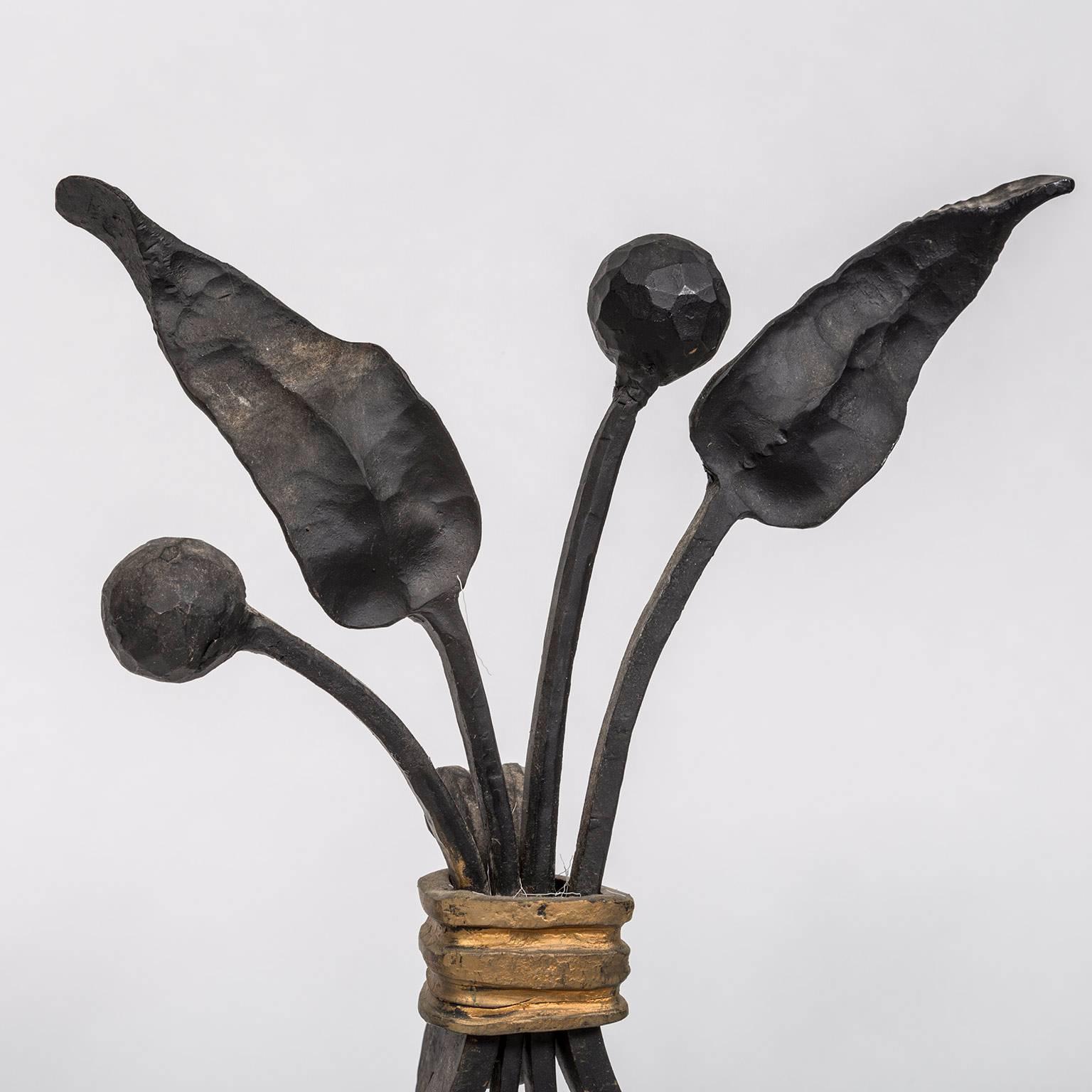 Mid-20th Century Pair of 1940s, French Forged and Gilt Flower Bunch Andirons