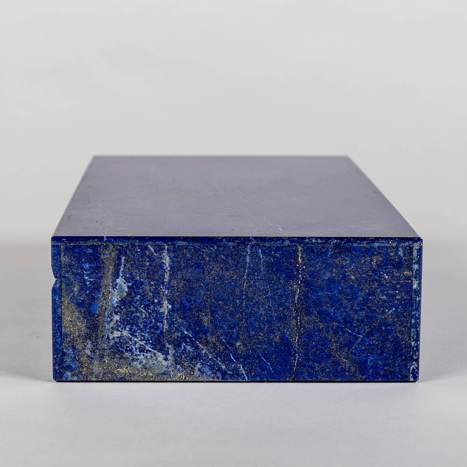 Beautiful, large lapis lazuli box with hinged lid. Mined in Afghanistan, it was then cut, polished, and created for Creel and Gow in India. Afghanistan was the main source of lapis for the ancient Egyptians Mesopotamians, as well as the Greeks and