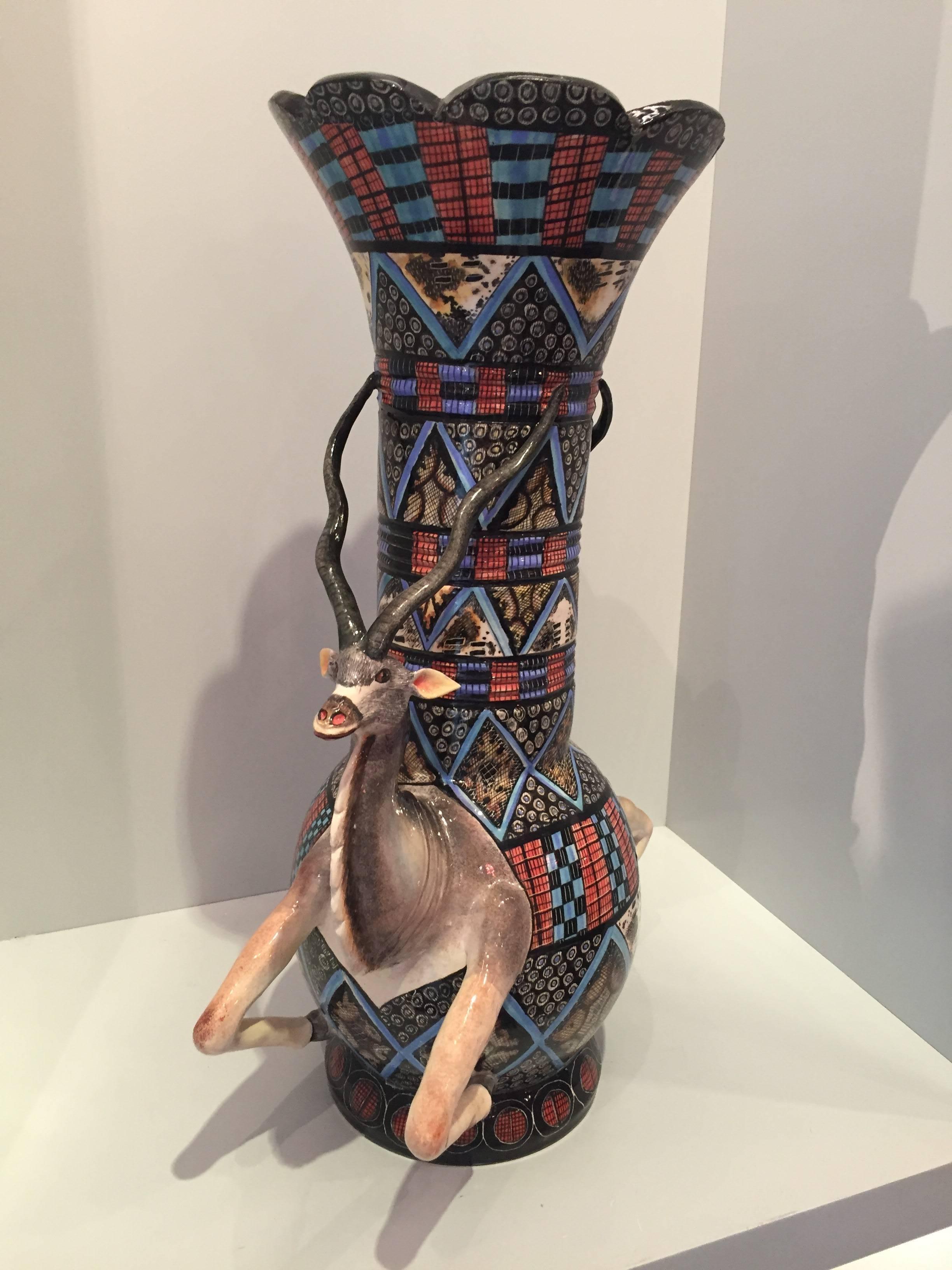 Folk Art Kudu Vase AAA, Ceramic by Ardmore from South Africa