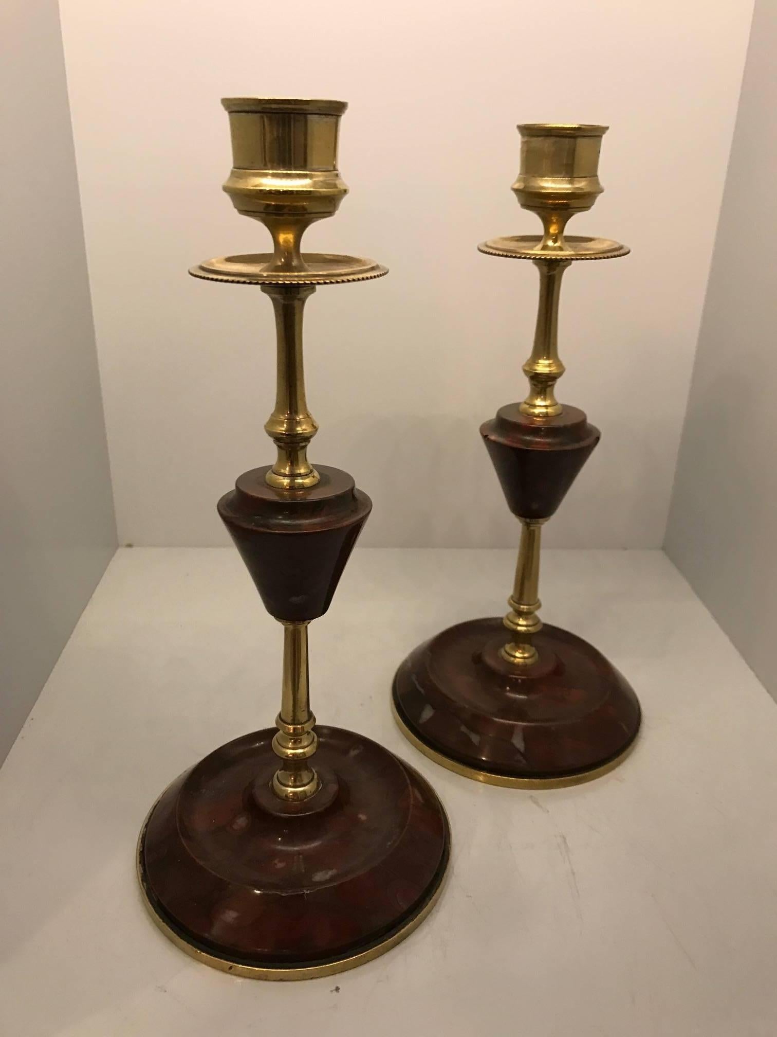 Pair of French Red Marble and Brass Candle Sticks In Good Condition In New York, NY