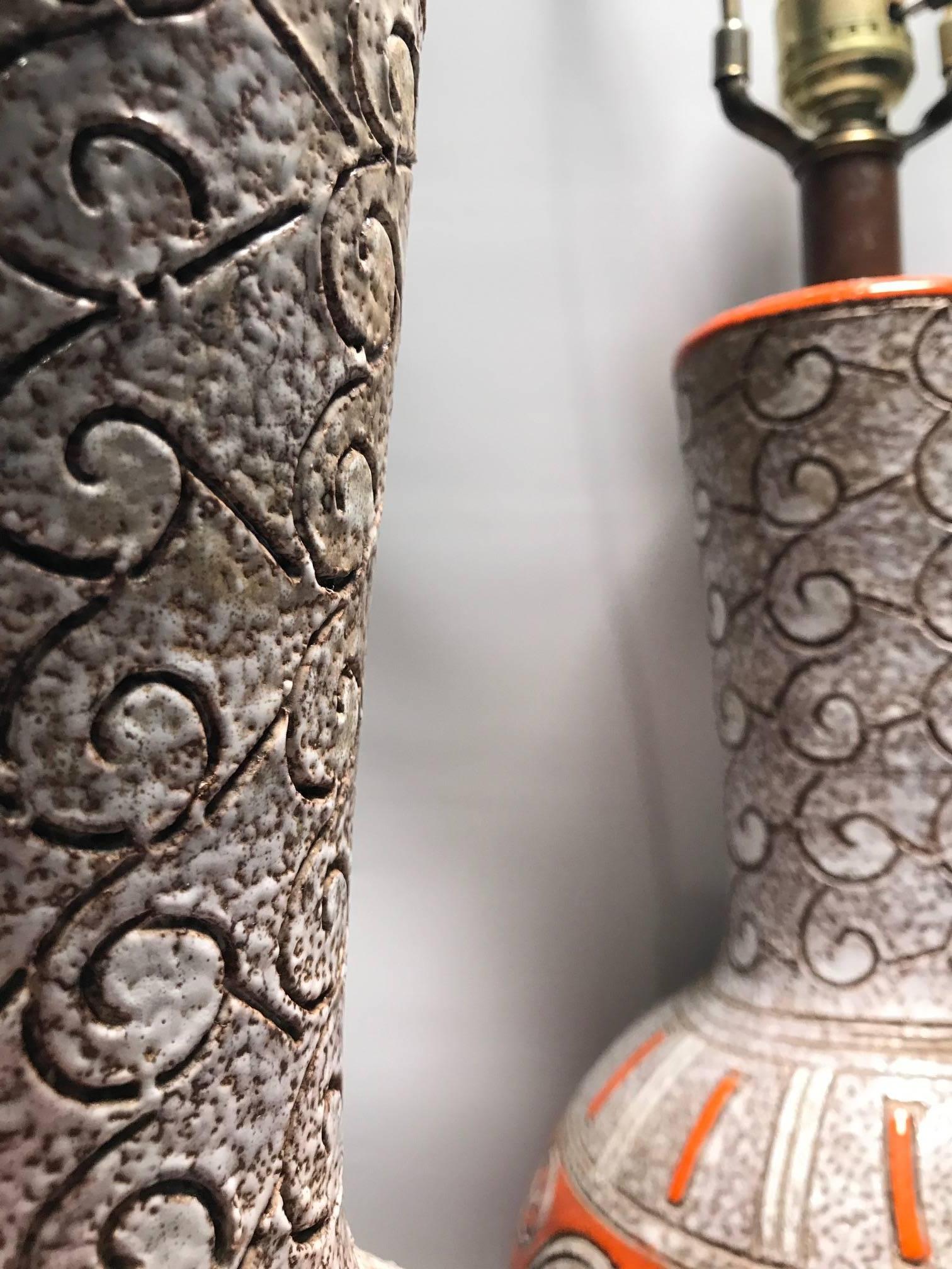 20th Century Pair of Mid-Century Italian Orange Glazed Ceramic Lamps with Chimera Decoration