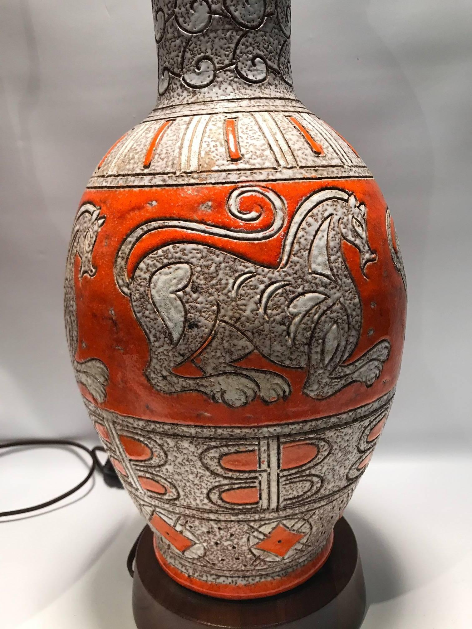 Pair of Mid-Century Italian Orange Glazed Ceramic Lamps with Chimera Decoration 1