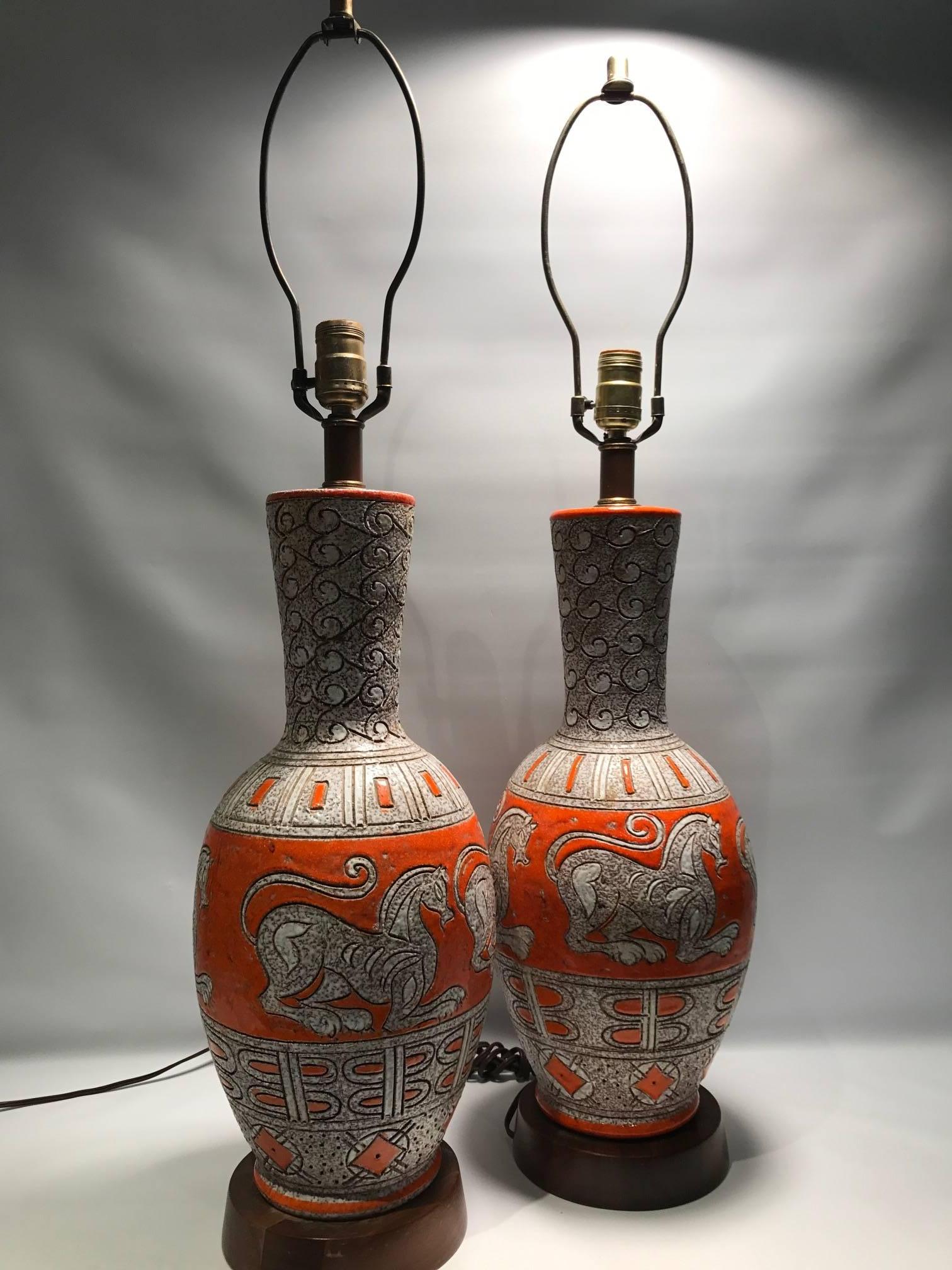 Pair of Mid-Century Italian Orange Glazed Ceramic Lamps with Chimera Decoration 2