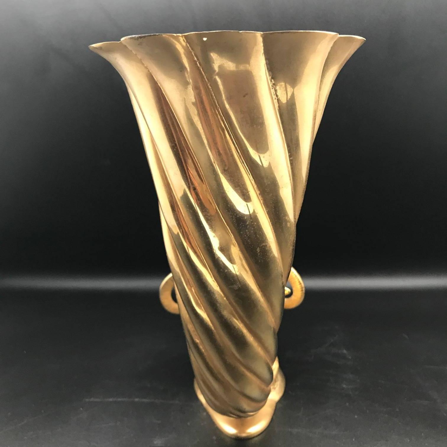 Brass Rhyton Vase or Drinking Cup Made for Maison Jansen in Florence, Gilded Bronze