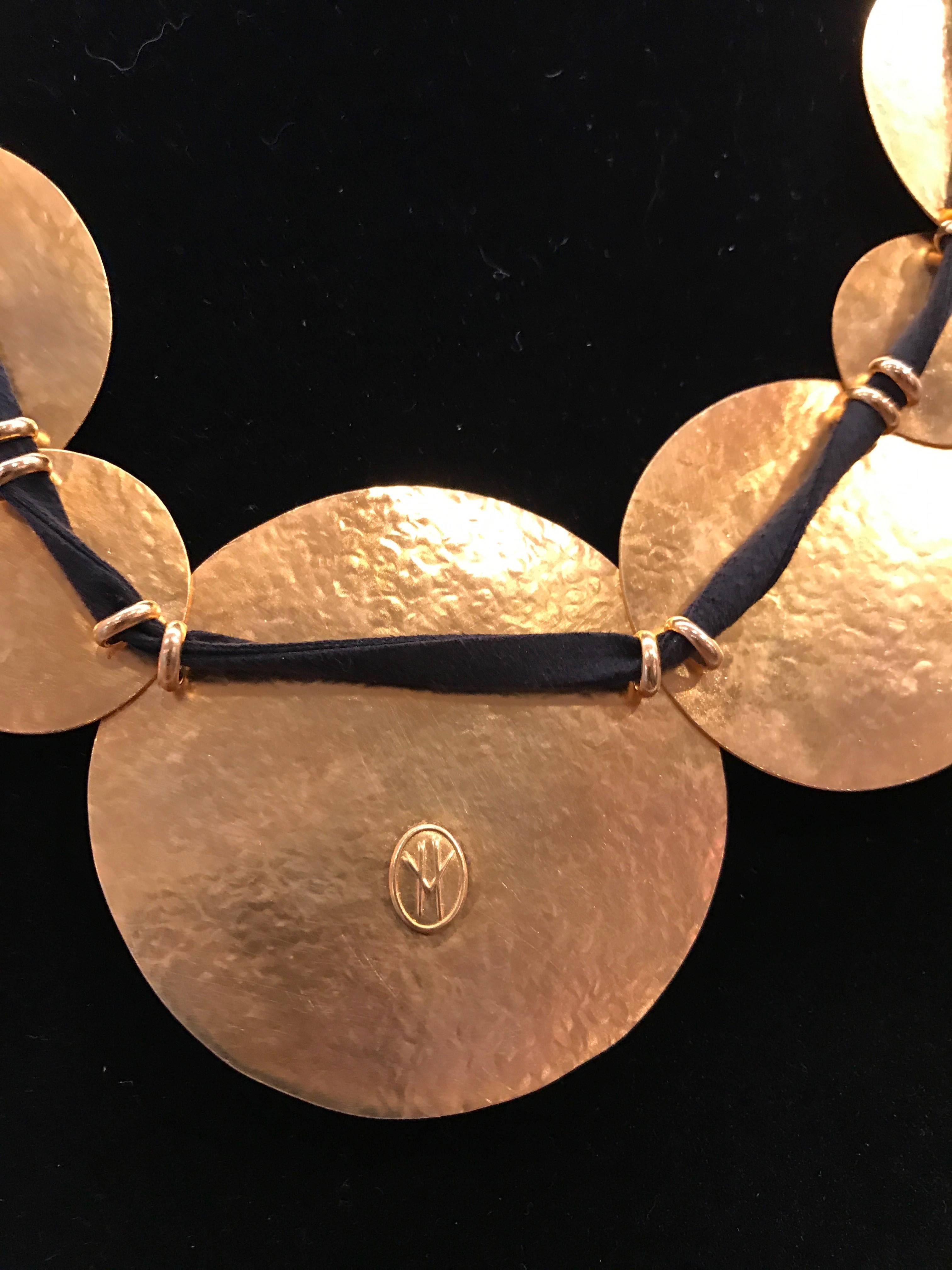 Contemporary Herve Van Der Straeten Gilded Brass Pastilles Necklace with Black Suede Ribbon