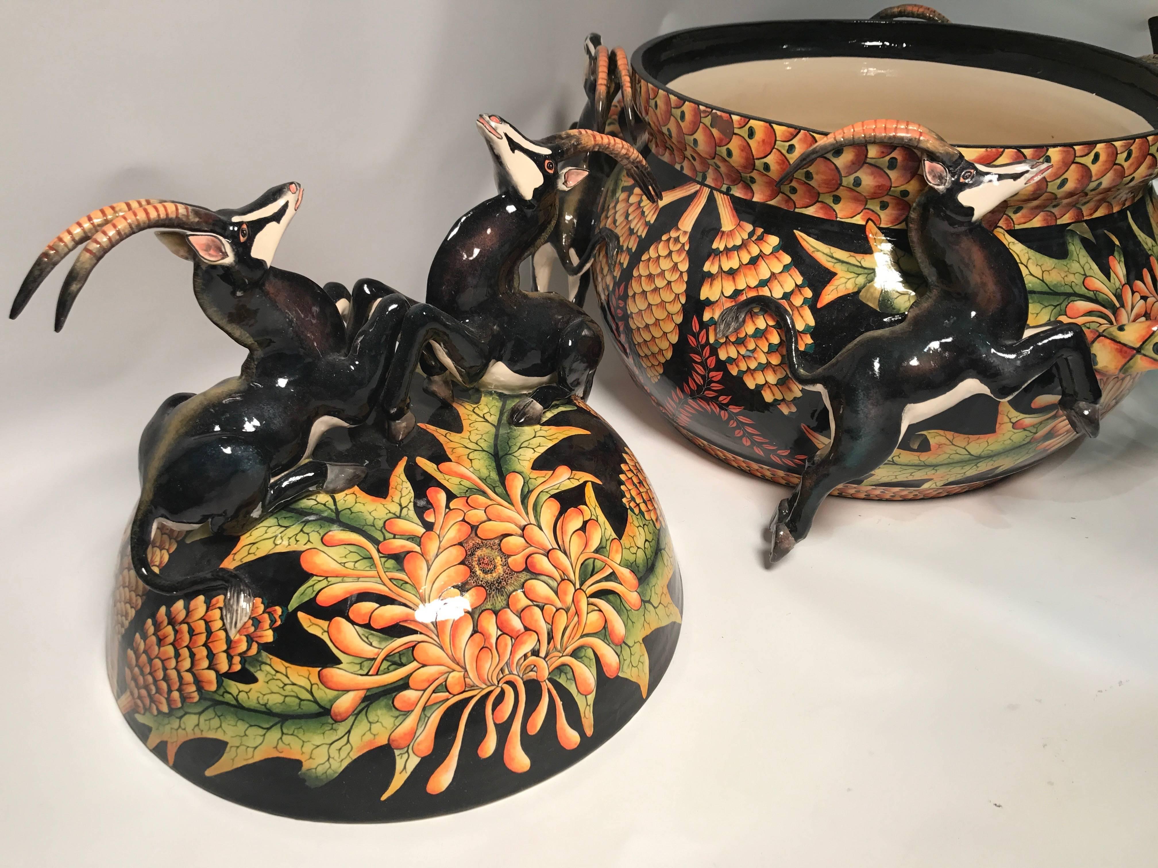Exceptional sculpture by Ardmore Ceramics of South Africa. This Sable tureen centerpiece was sculpted by Sabelo and painted by Mandla. Ardmore ceramic art was established by Fée Halsted and is situated in the foothills of the Drakensberg Mountains