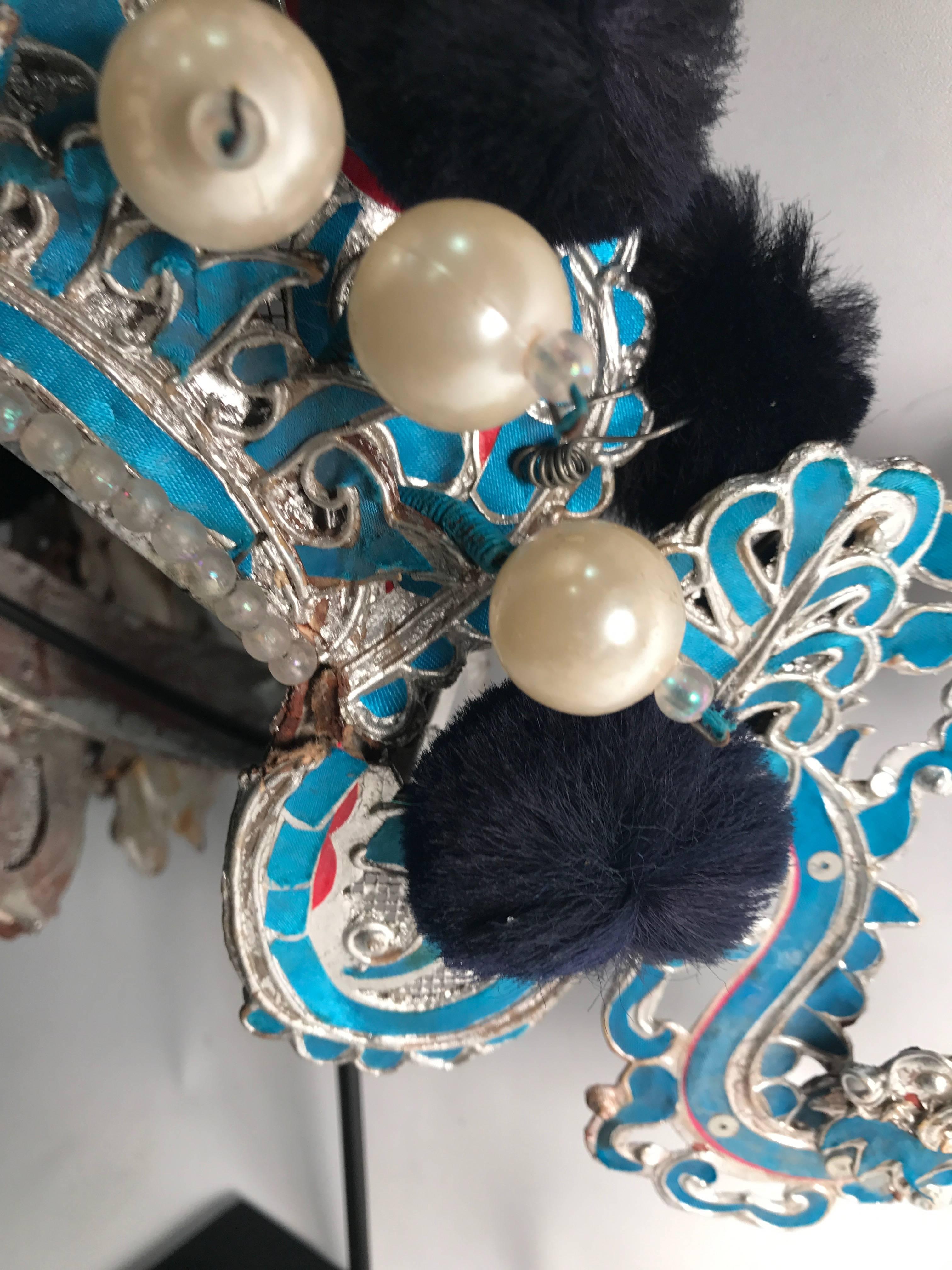 Qing Vintage Chinese Theatre Headdress in Turquoise with Midnight Blue Pom Poms