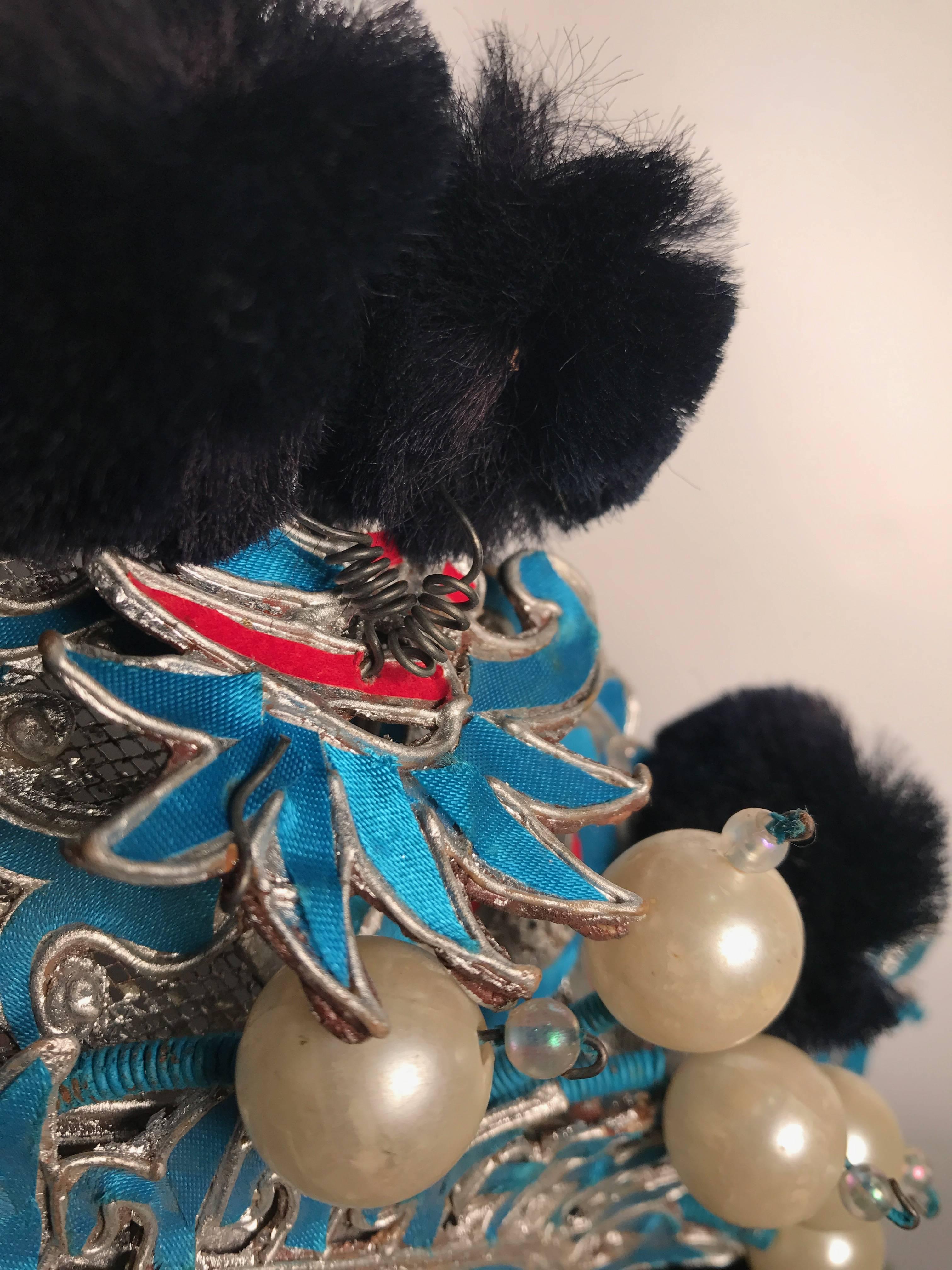 Vintage Chinese Theatre Headdress in Turquoise with Midnight Blue Pom Poms In Excellent Condition In New York, NY