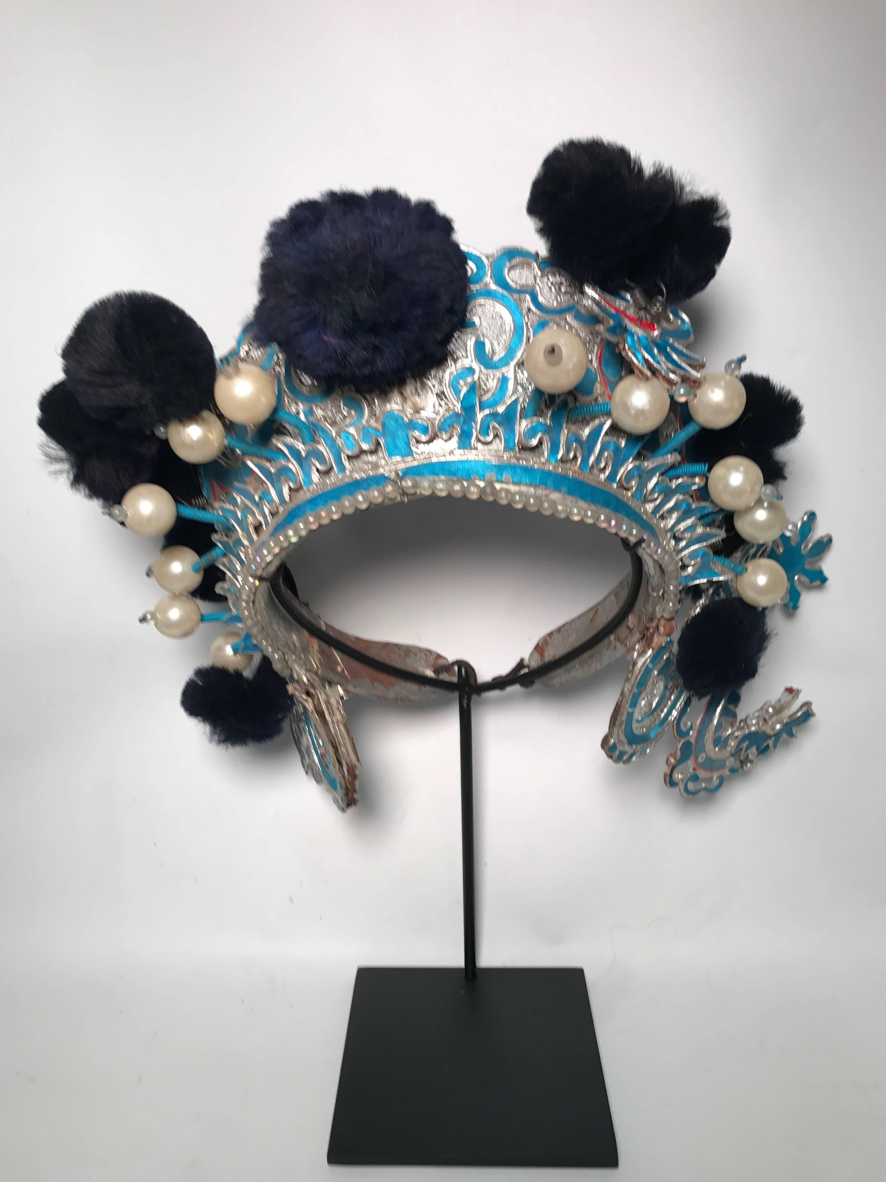 Vintage Chinese Theatre Headdress in Turquoise with Midnight Blue Pom Poms 1