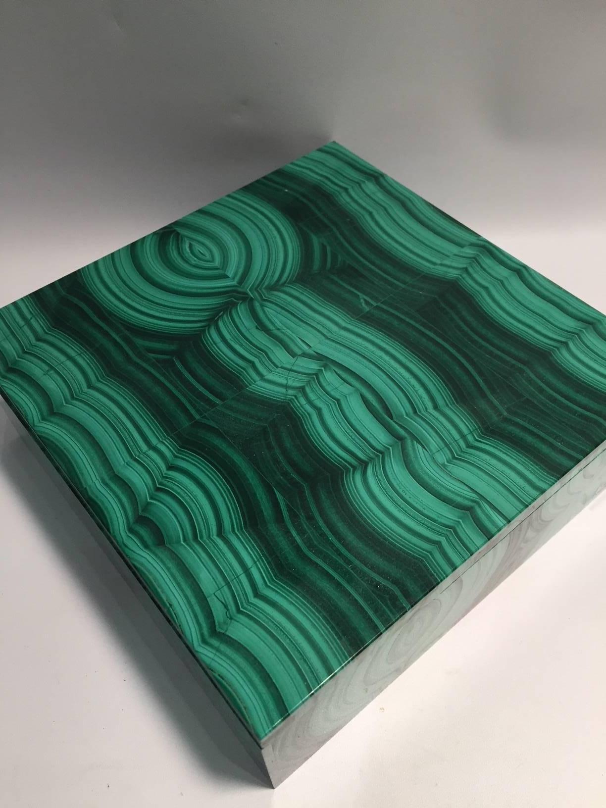 Contemporary Large Square Bookmatched Malachite Box with Removable Lid Made in India For Sale