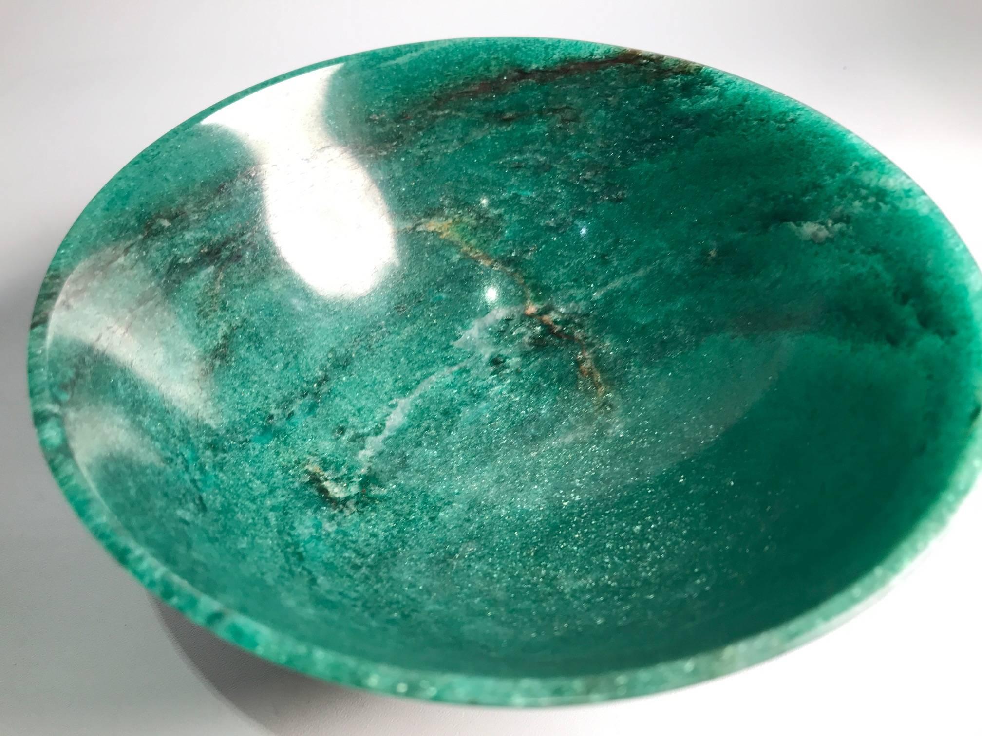 Semi Precious Aventurine Jade Bowl Hand-Carved in India In Excellent Condition In New York, NY