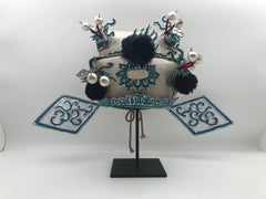Vintage Chinese Opera Theatre Headdress in Turquoise with Midnight Blue Pom Poms
