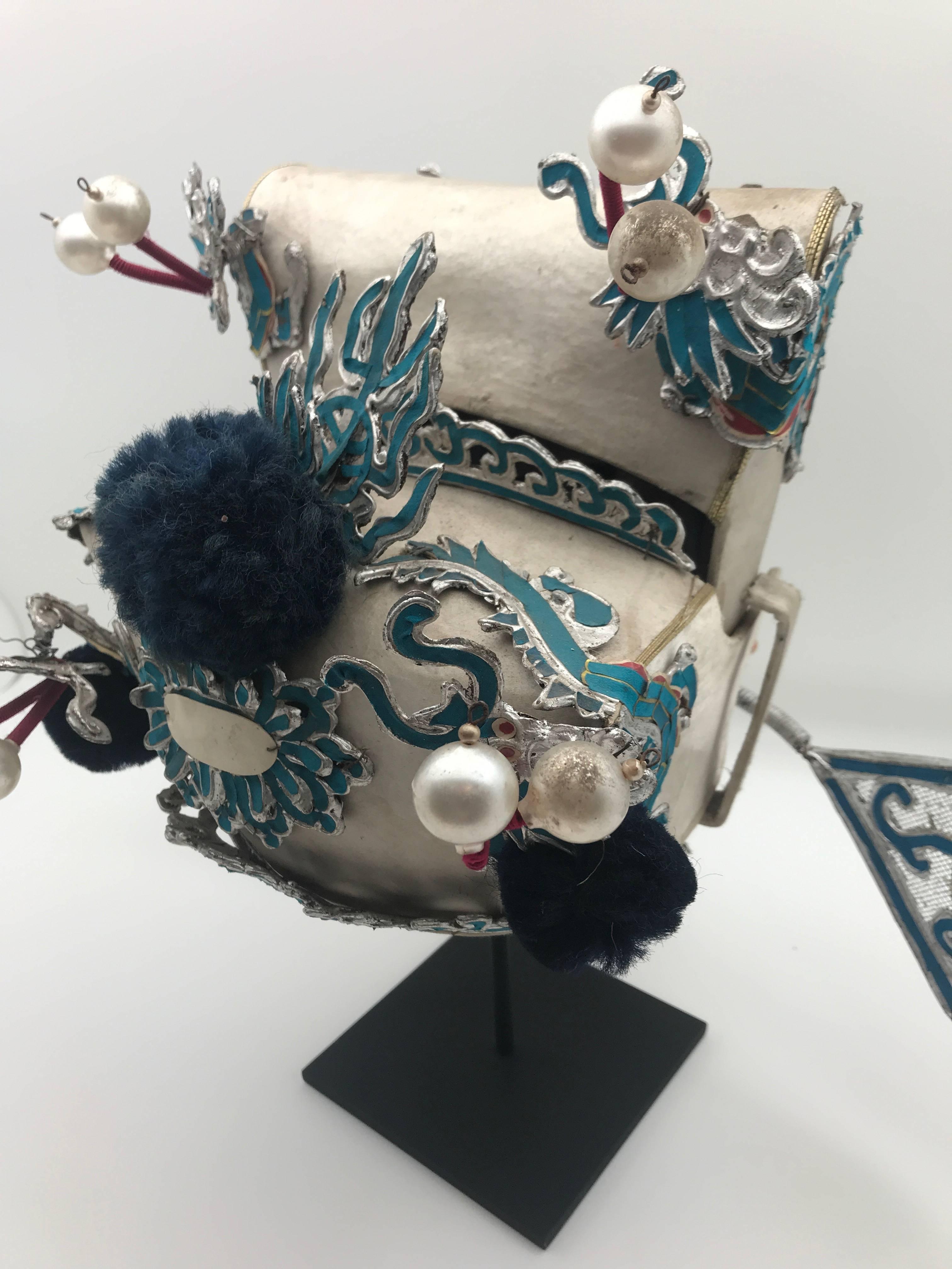 Vintage Chinese Opera Theatre Headdress in Turquoise with Midnight Blue Pom Poms In Good Condition In New York, NY