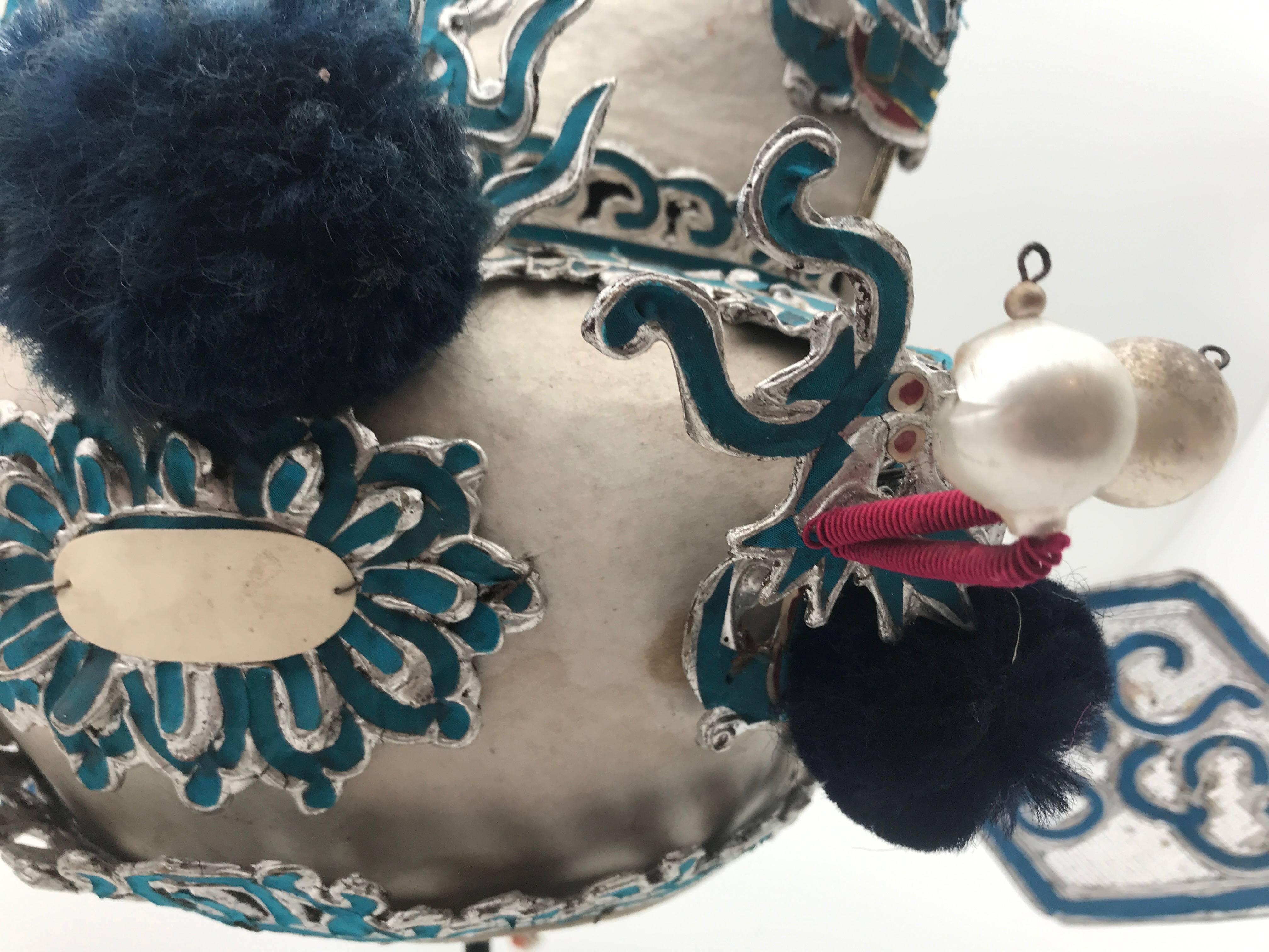 20th Century Vintage Chinese Opera Theatre Headdress in Turquoise with Midnight Blue Pom Poms