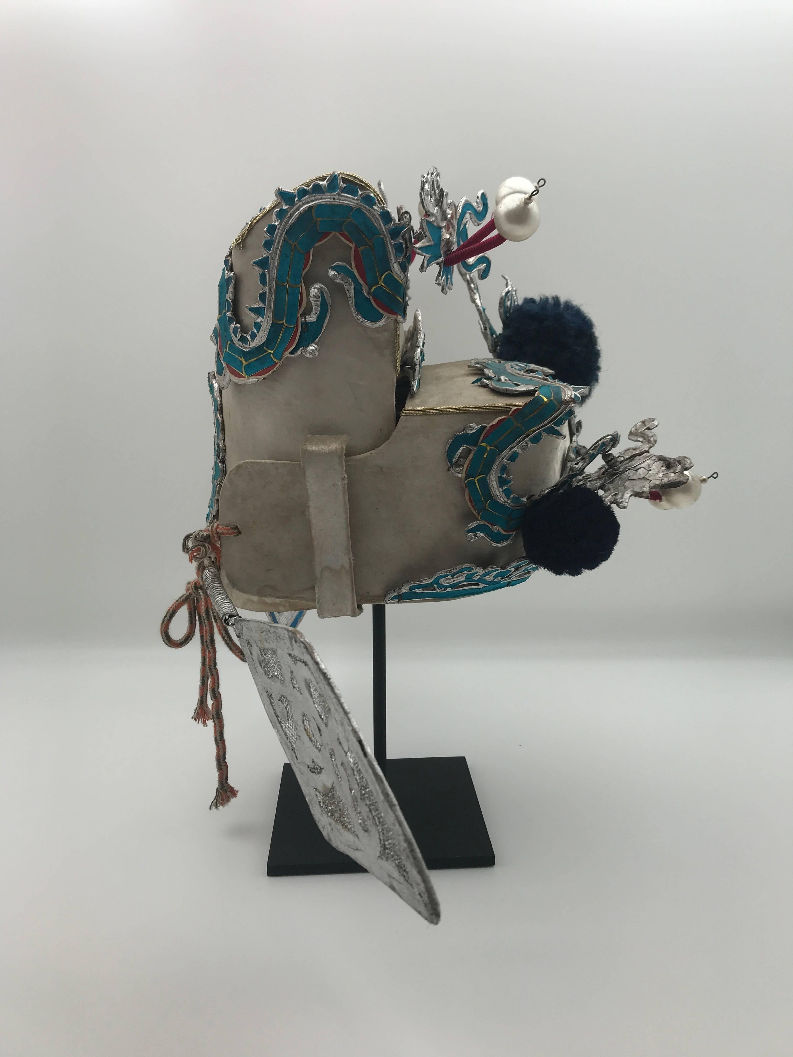 Metal Vintage Chinese Opera Theatre Headdress in Turquoise with Midnight Blue Pom Poms