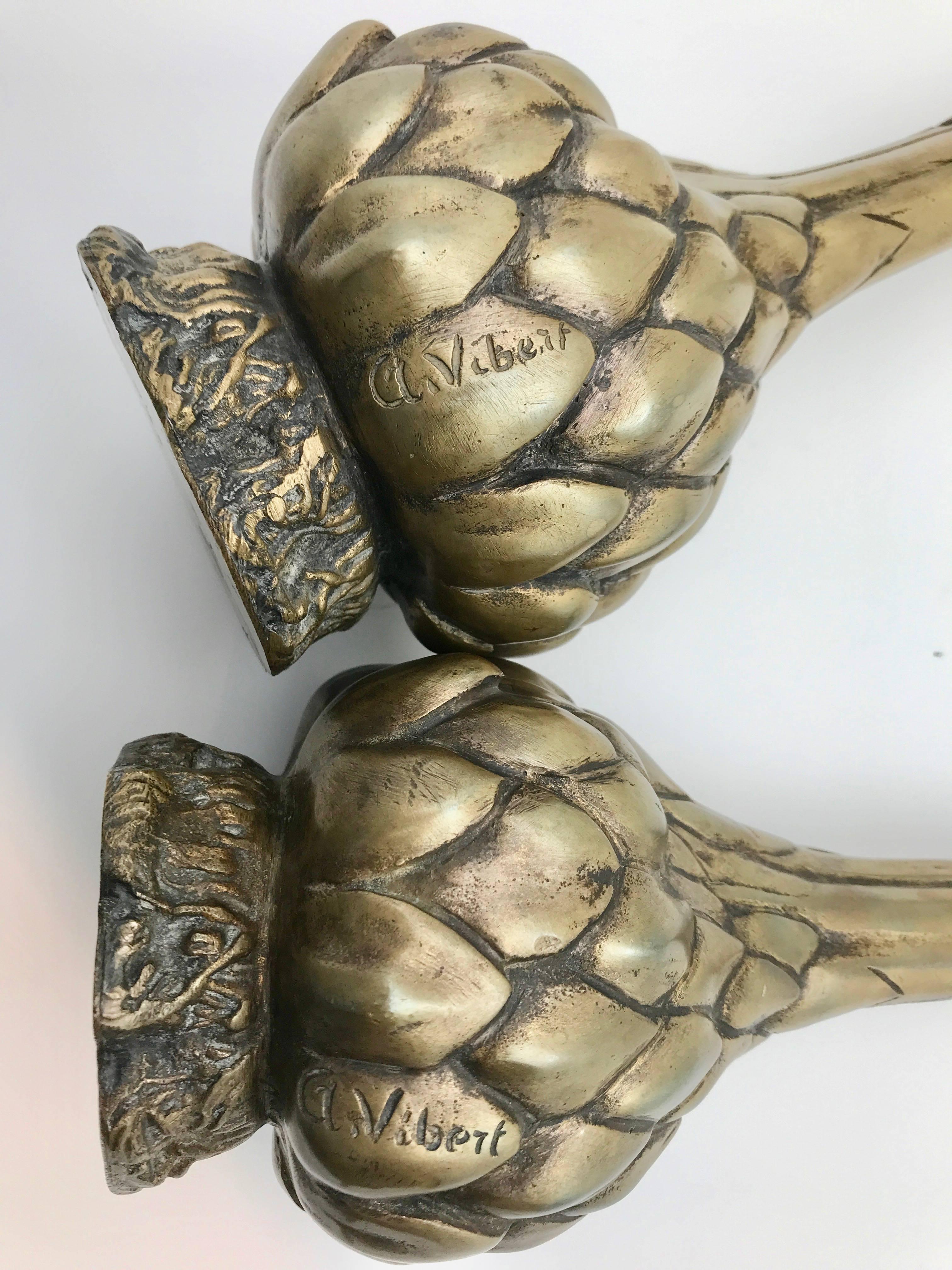 19th Century Pair of Bronze Artichoke Candleholders with Scarab Signed A.Vibert 1