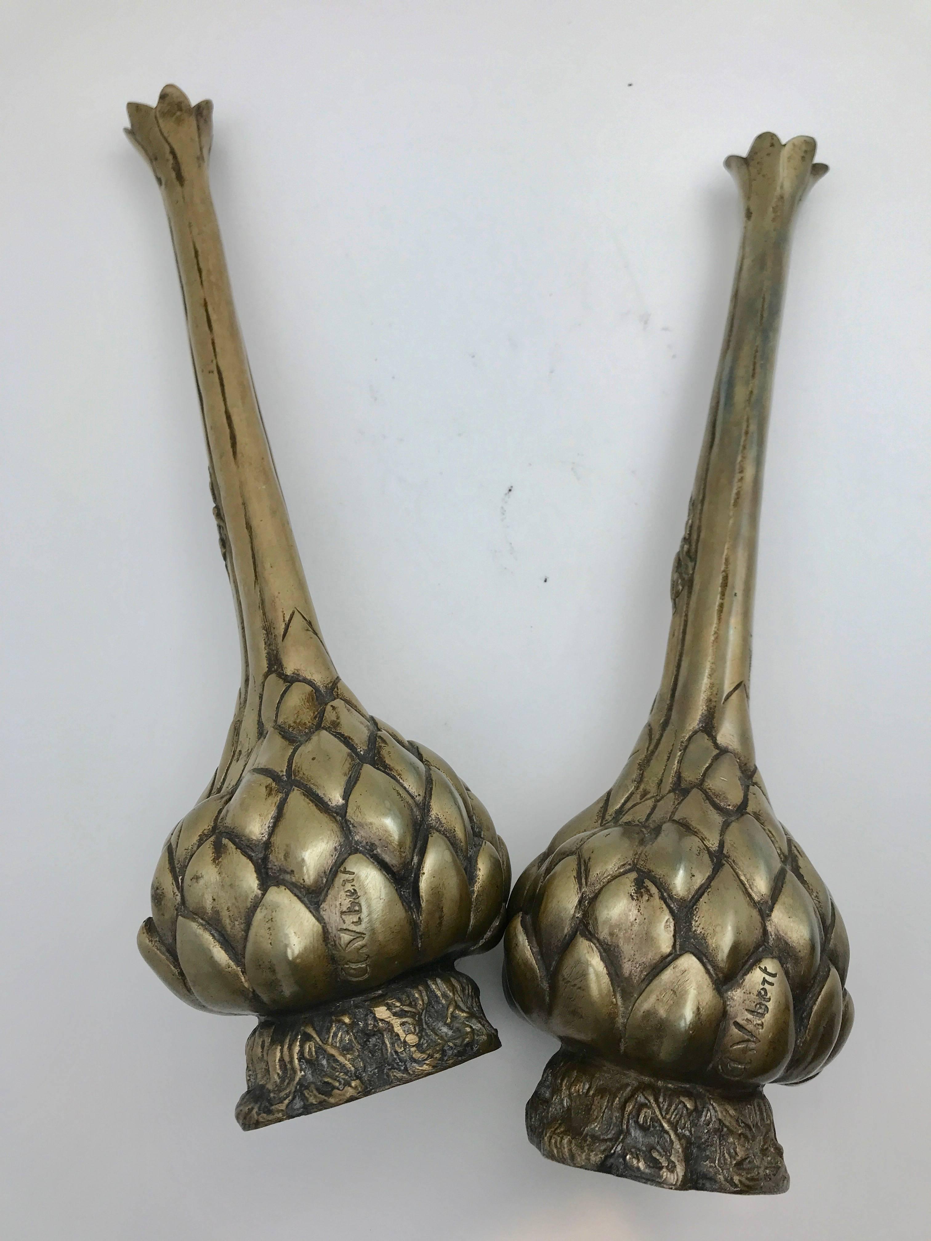 19th Century Pair of Bronze Artichoke Candleholders with Scarab Signed A.Vibert 4