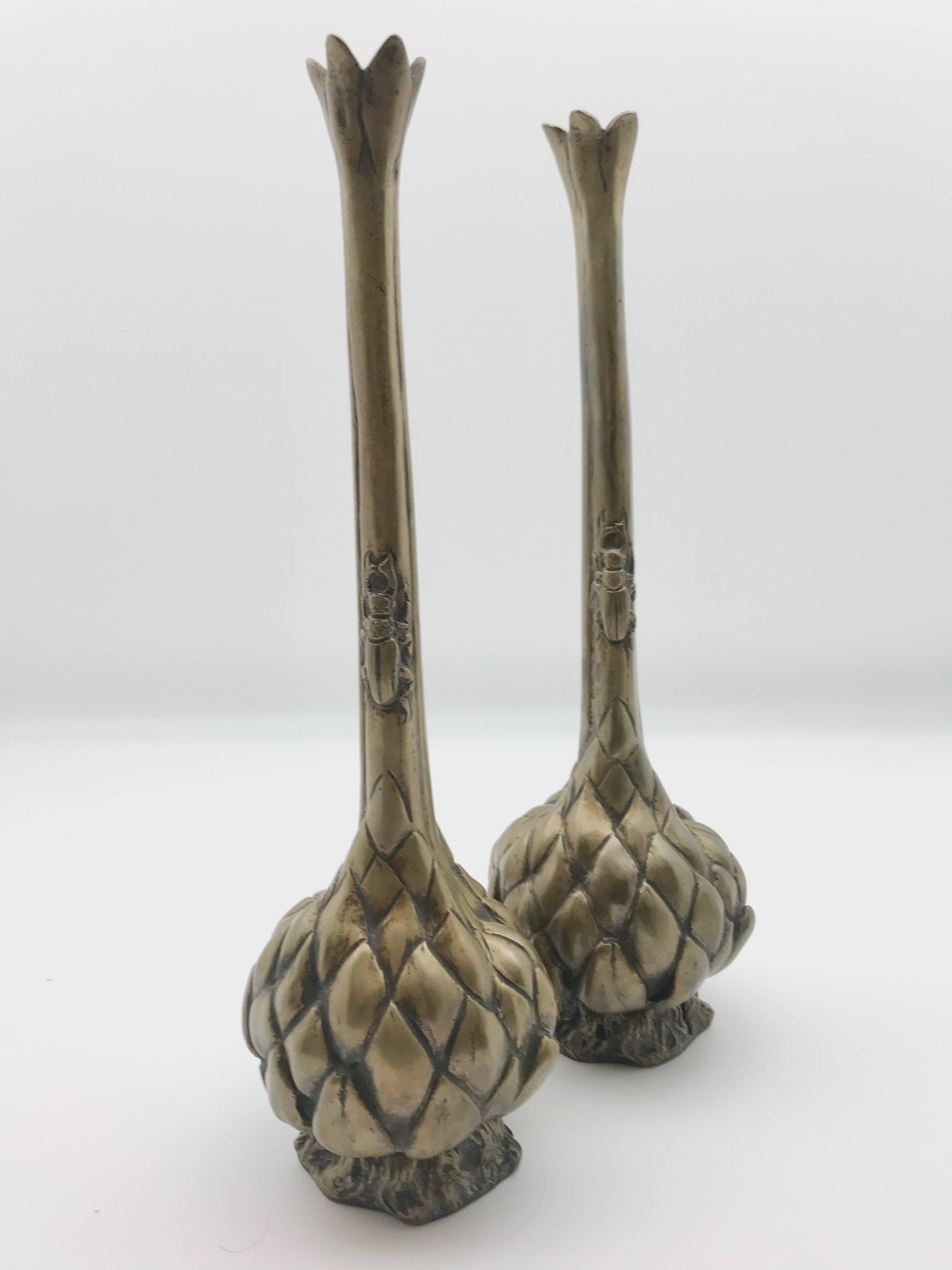 19th Century Pair of Bronze Artichoke Candleholders with Scarab Signed A.Vibert 5