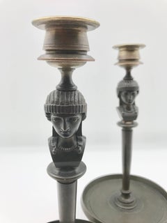 19th Century Pair of French Bronze Candle Sticks with the Head of Minerva