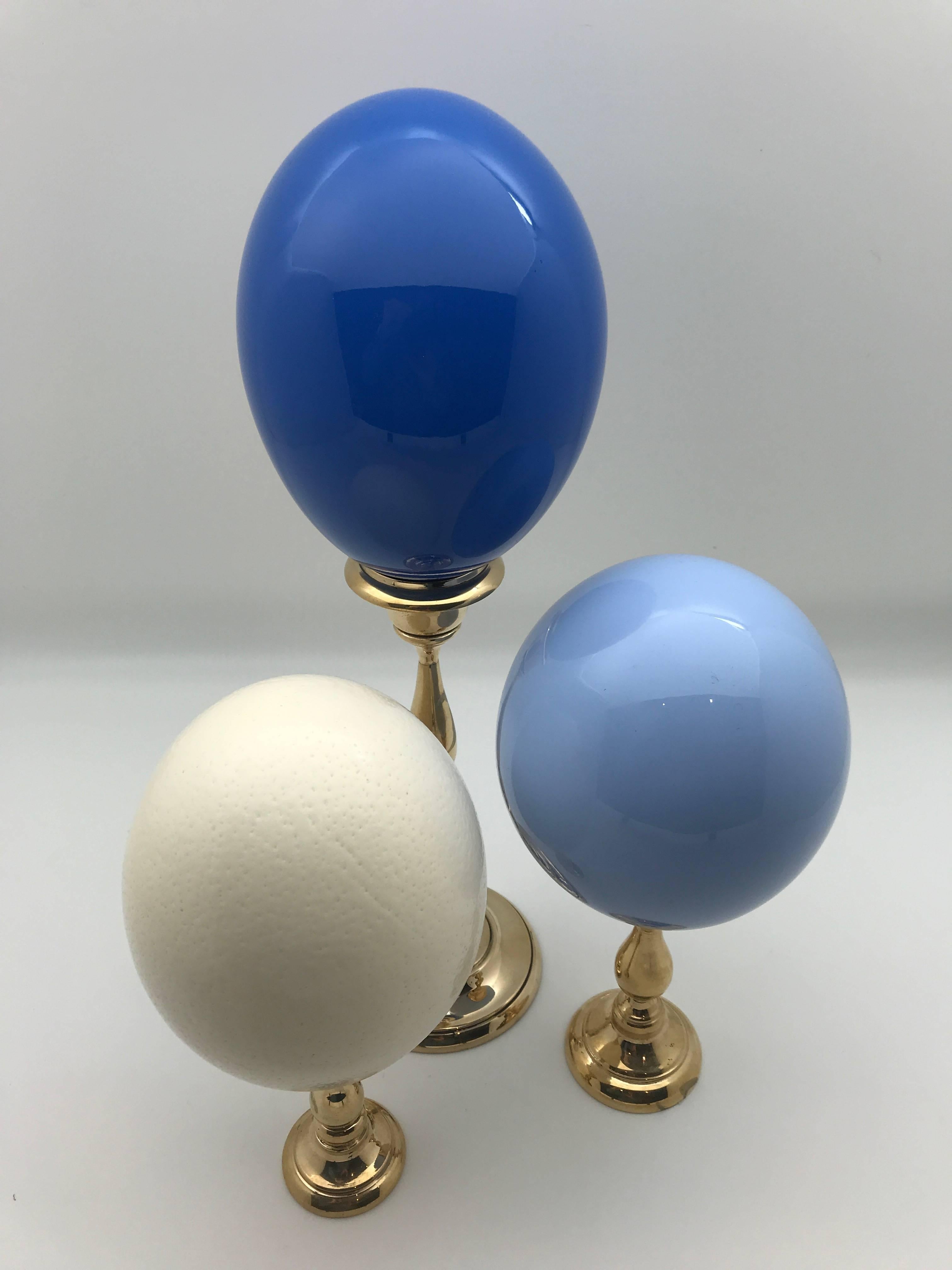 Lacquered and Natural Ostrich Eggs Mounted on Brass Bases 4