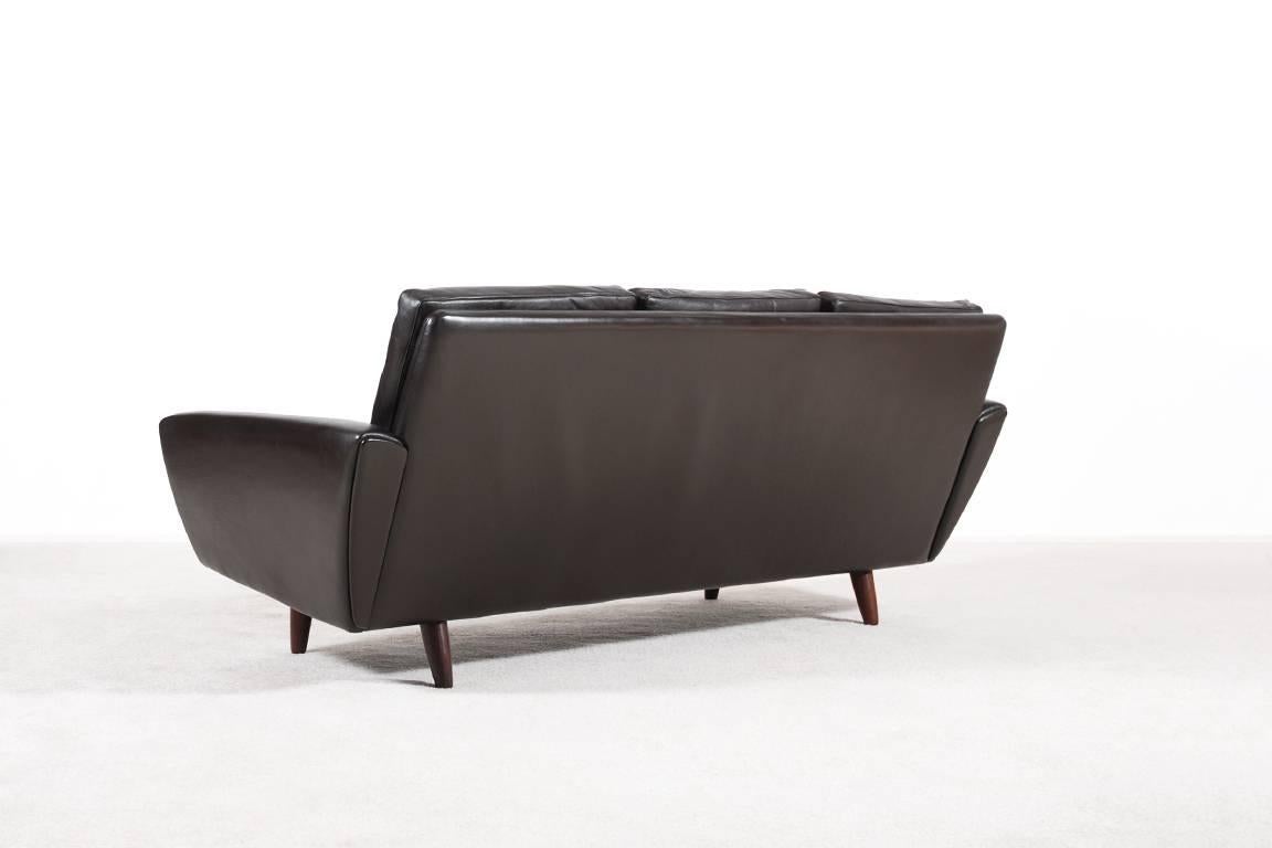 Scandinavian Three-Seat Brown Leather Sofa, 1960s In Excellent Condition In Paris, FR