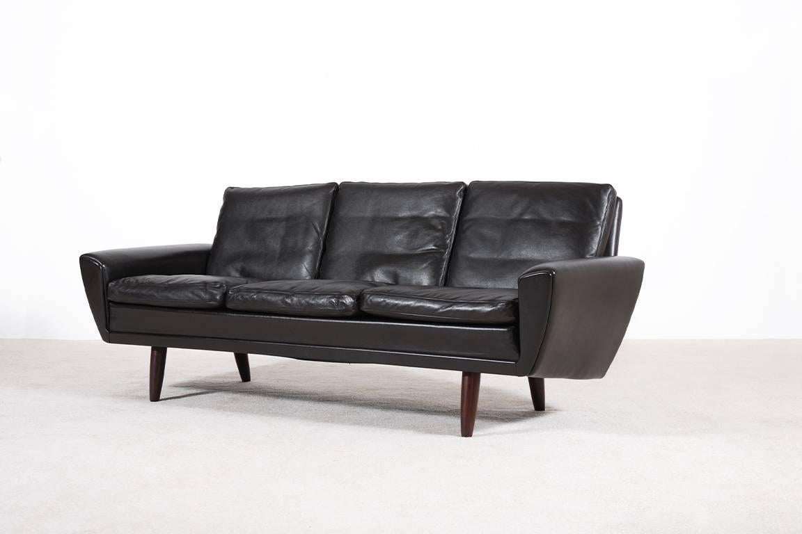 Scandinavian Modern Scandinavian Three-Seat Brown Leather Sofa, 1960s