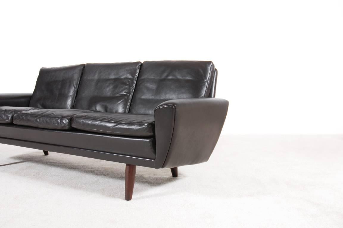 Danish Scandinavian Three-Seat Brown Leather Sofa, 1960s