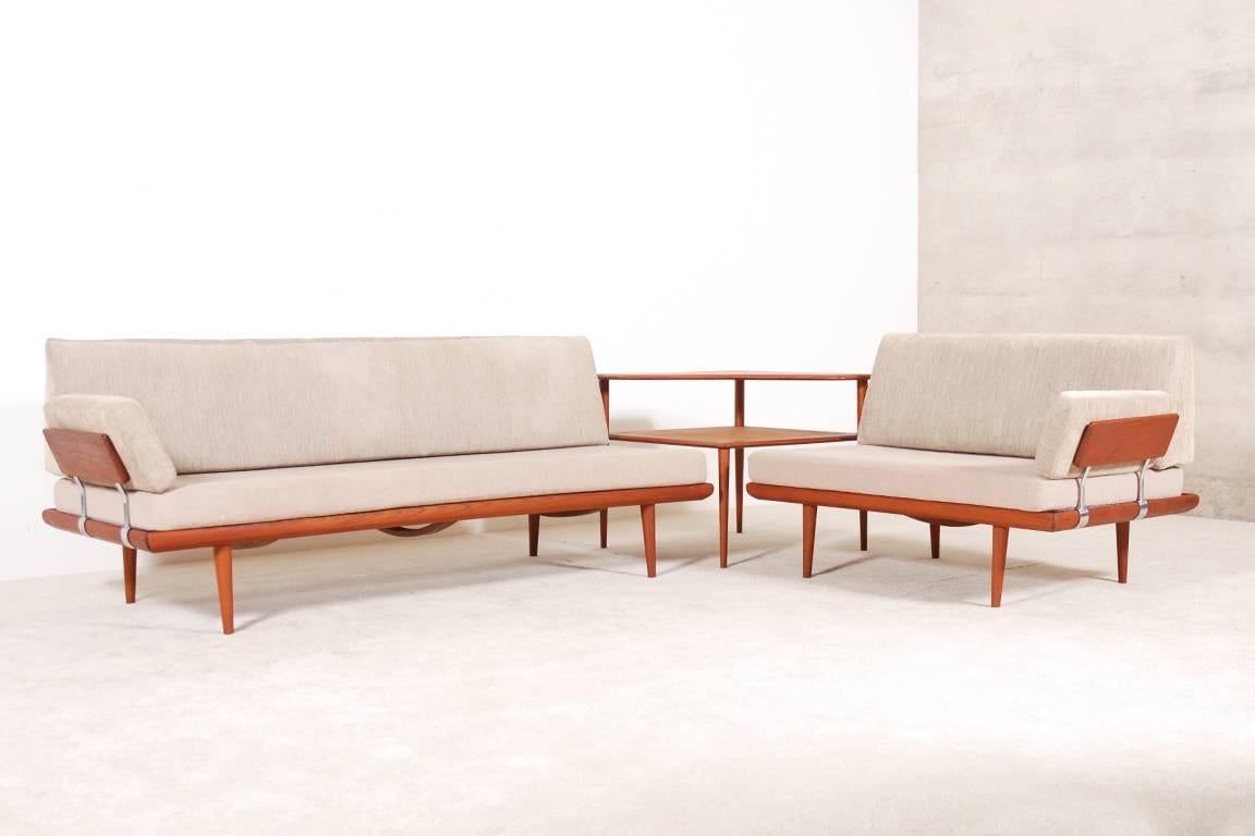 Peter Hvidt & Orla Mølgaard-Nielsen teak daybeds, corner sofa.

Produced by France & Son in the 1960s, Denmark.

Three-Seat: W 192 cm D 76 cm H 78cm, seat H 34 cm.

Two-Seat: W 122 cm D 76 cm H 78cm, seat H 34 cm.

Coffee table 