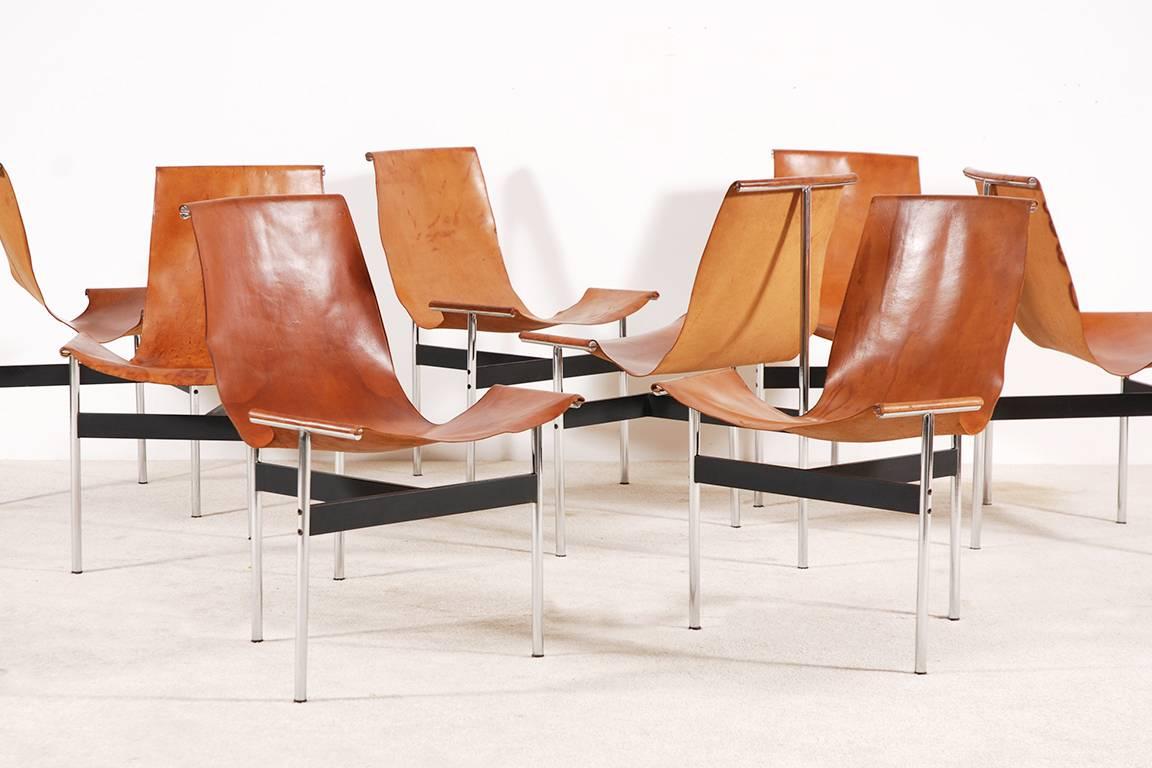 Beautiful cognac leather patina.
The T-chair model 3LC was designed by Douglas Kelly, Ross Littell and William Katavolos for Laverne International in 1952, USA. 
Chromed tubular steel, lacquered steel and natural leather.

Sold only as a set of