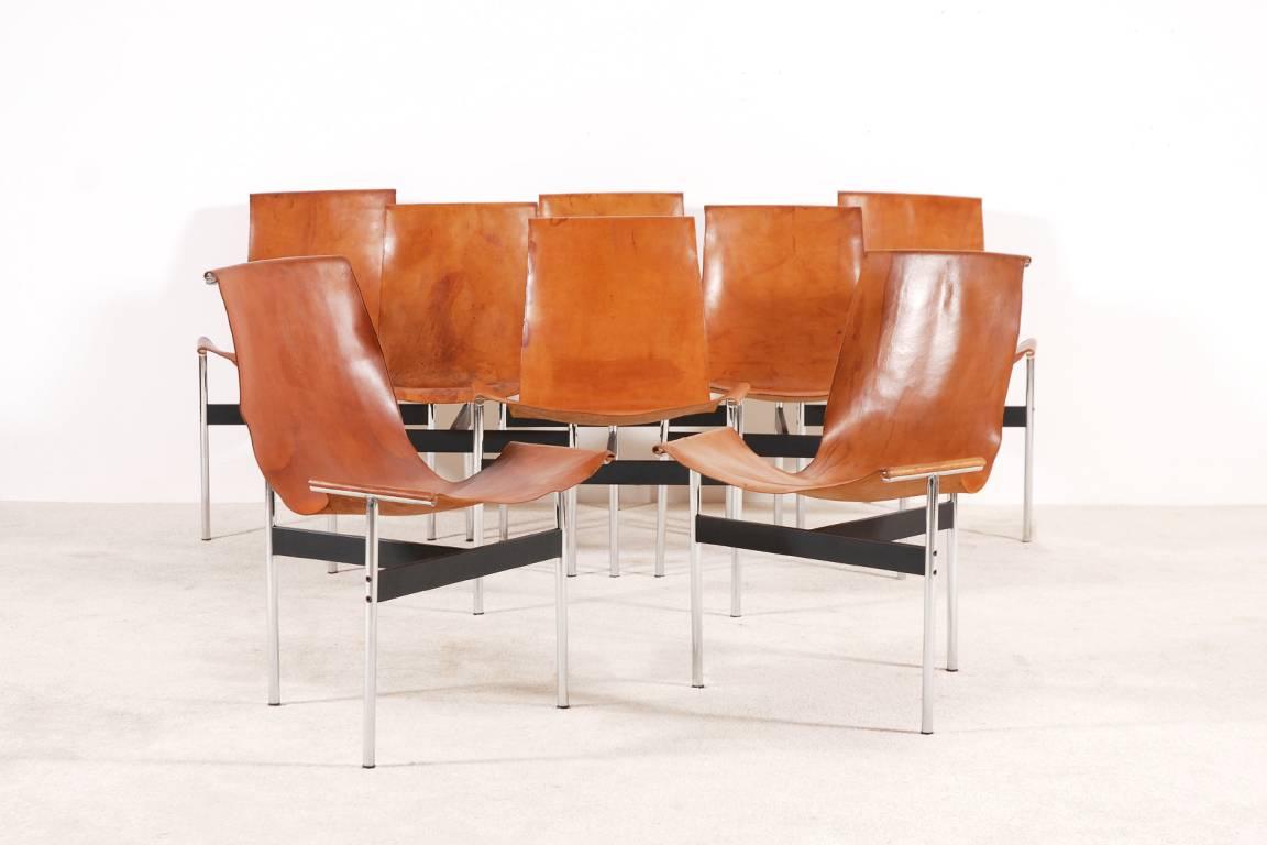 American Set of Eight Leather T-Chair Model 3LC  by Katavolos, Littell and Kelly, 1952