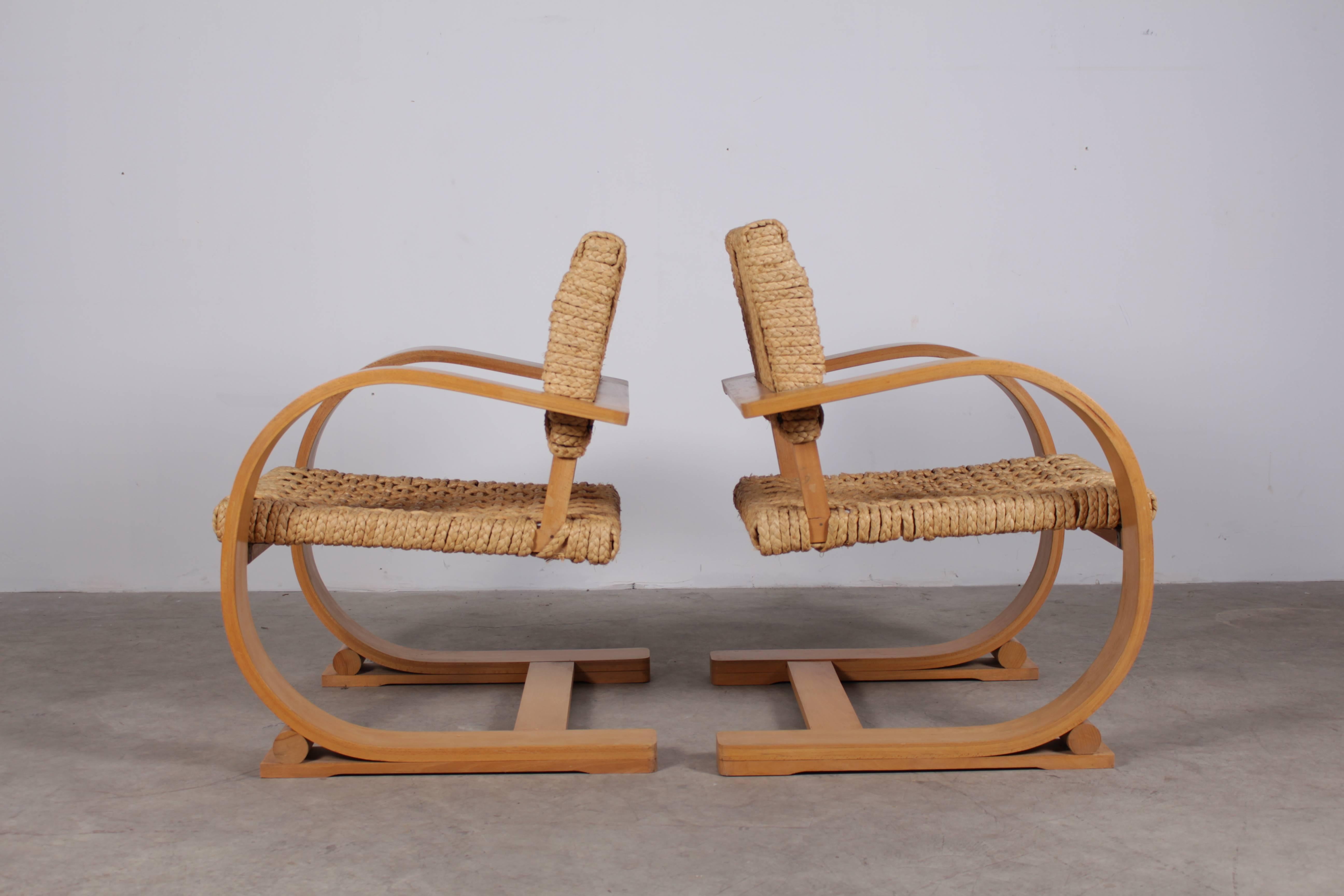 Beech Pair of Rope Chair by Audoux-Minet for Vibo Vesoul For Sale