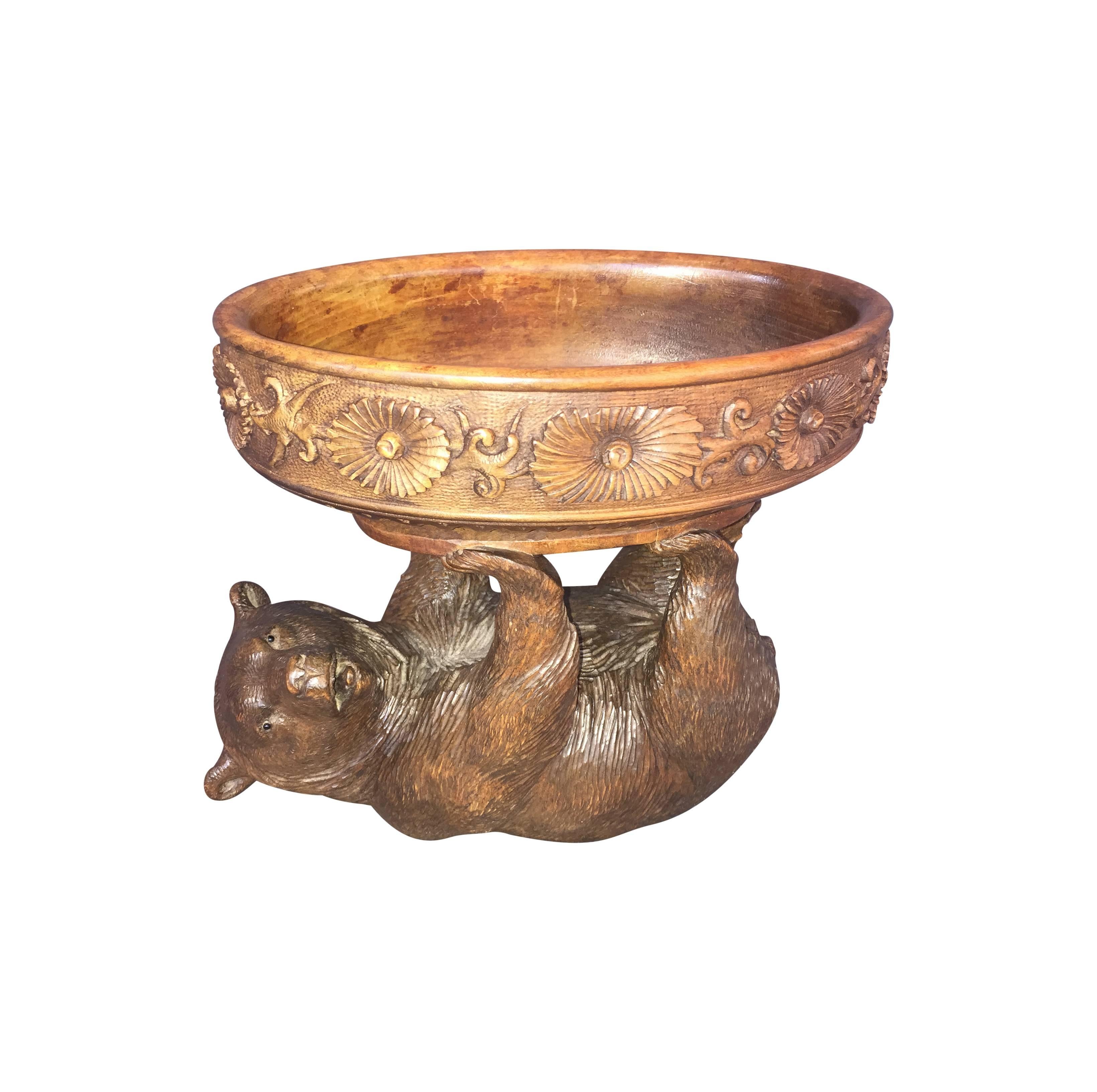 19th Century Swiss Black Forest Walnut Bear Bowl Carving In Good Condition In Aspen, CO