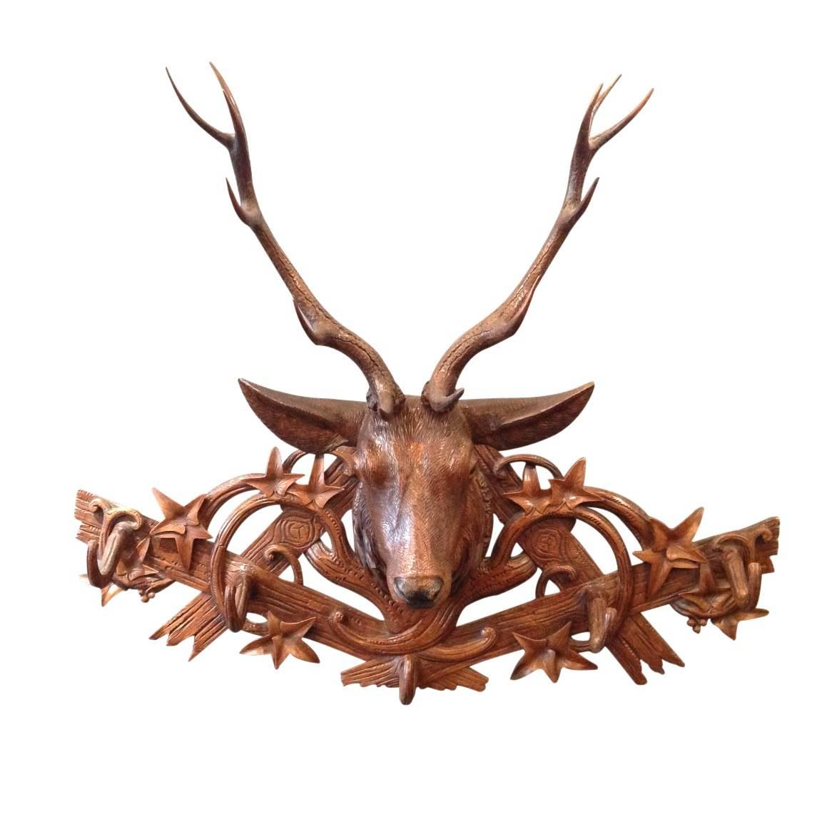 Late 19th Century Swiss Black Forest Carved Stag Rack