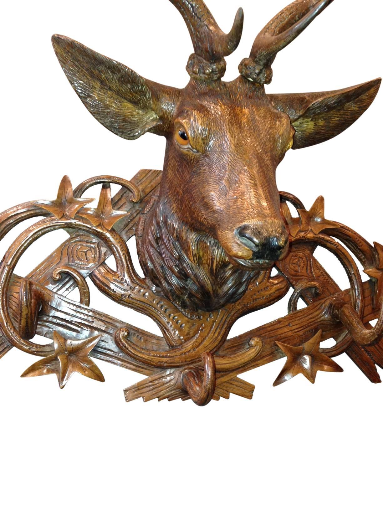 Late 19th Century Swiss Black Forest Carved Stag Rack In Good Condition In Aspen, CO