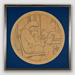 Unique Drawing (Mother Reading to Child with Cat) by Will Barnet