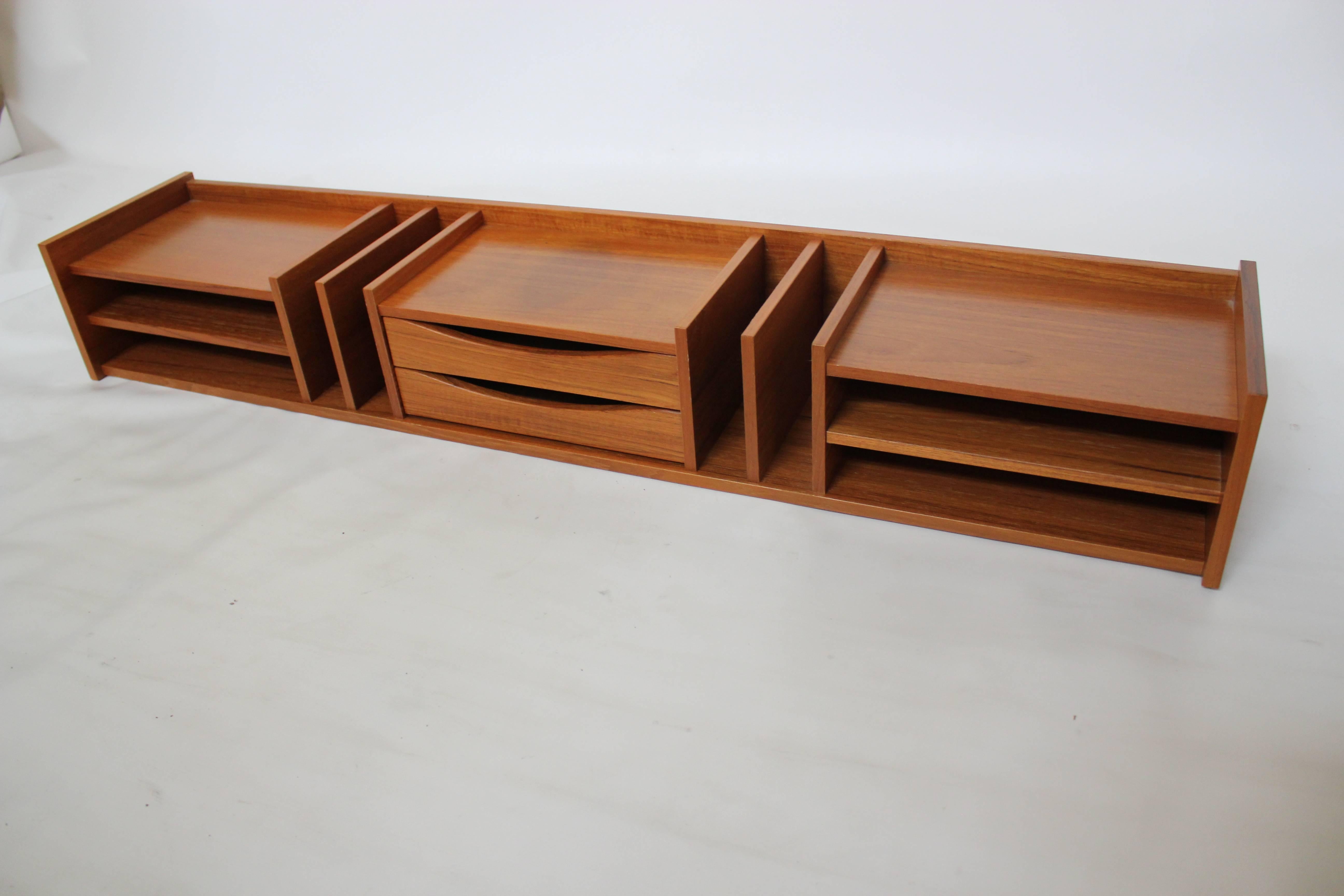Large Danish Modern teak desk organizer by Pedersen and Hansen, with two drawers and multiple cubbies and slots for organization. Marked 
