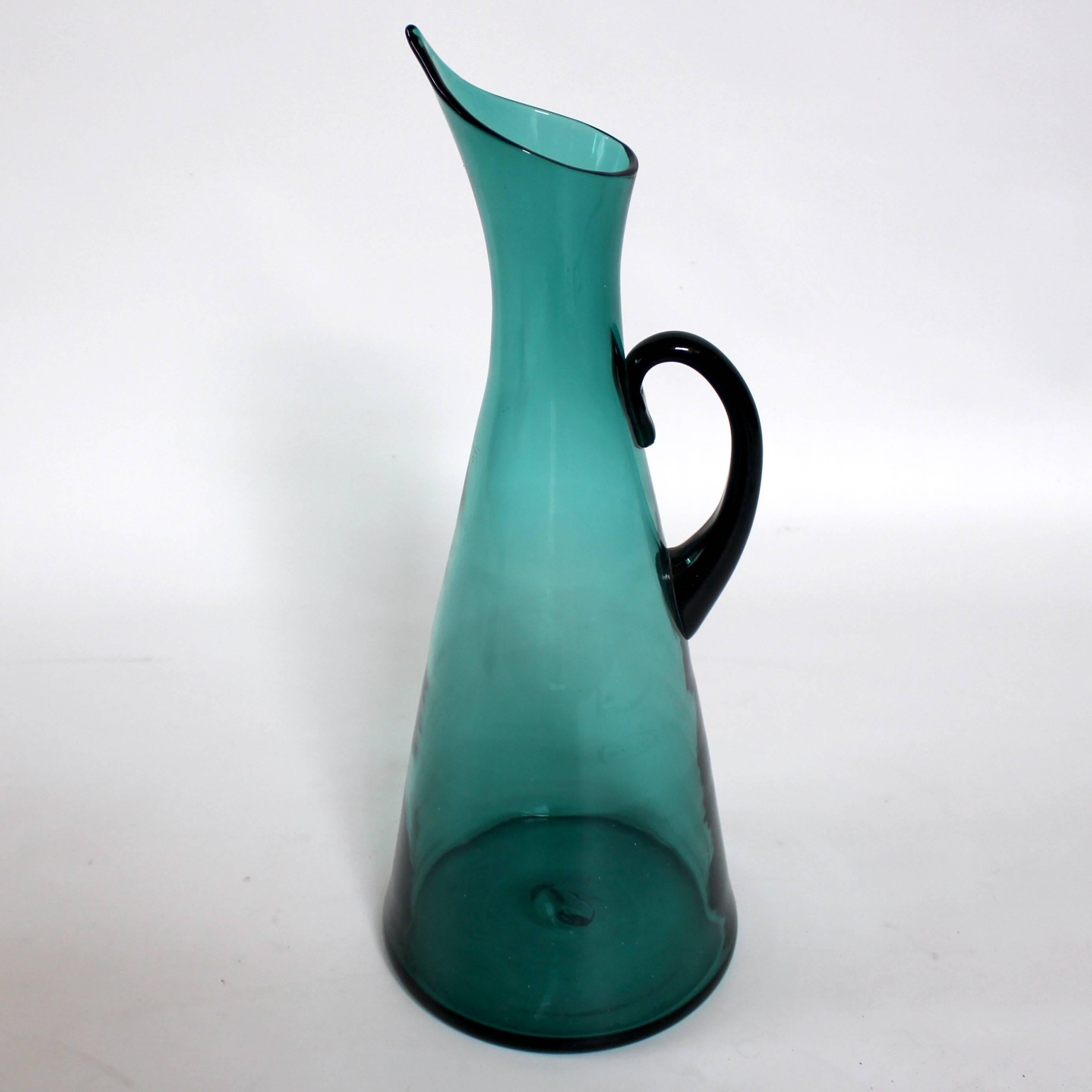 Tall Mid-Century blue blown glass pitcher by Blenko.