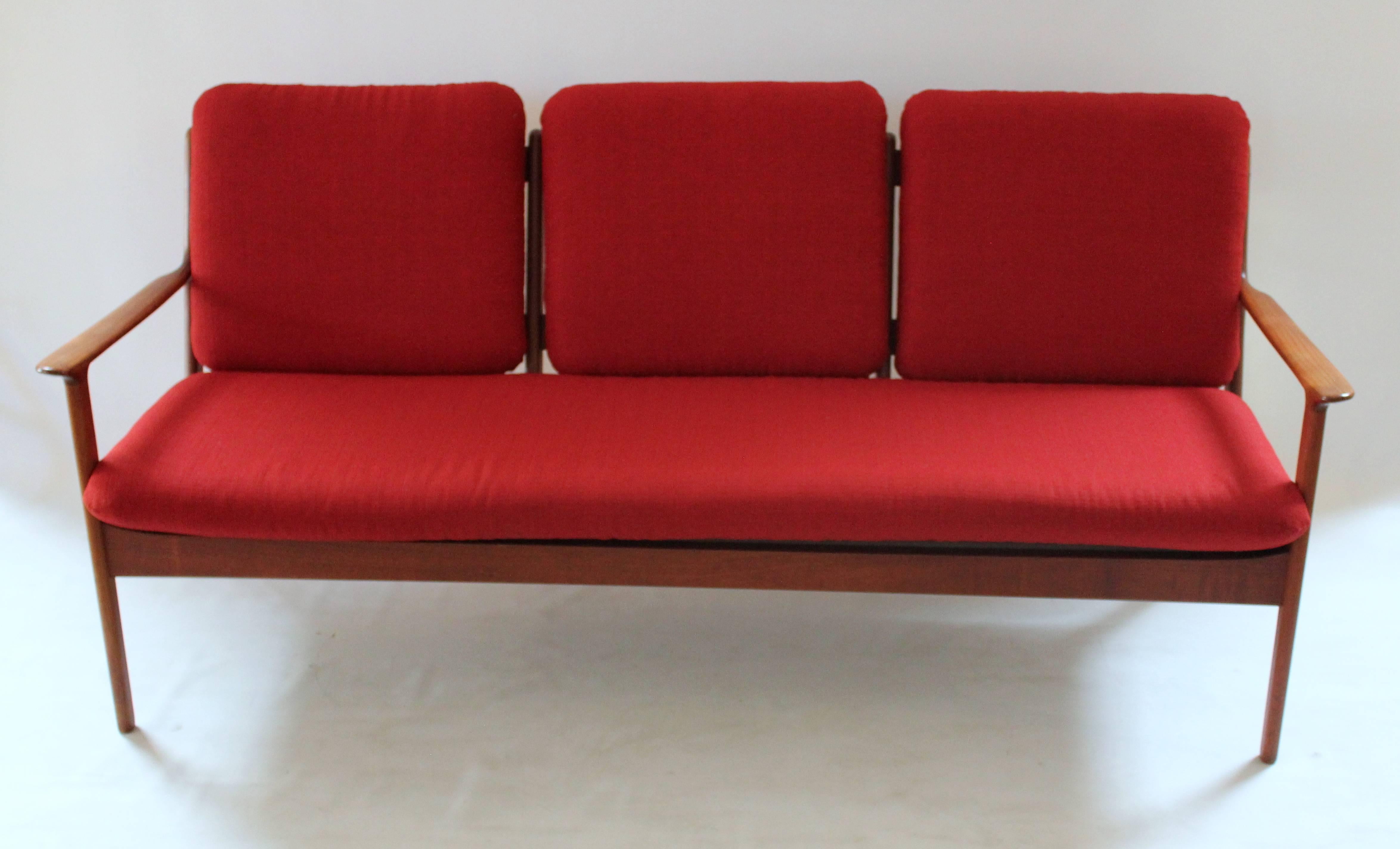1960 Danish Modern teak sofa by Ole Wanscher. Cushions have been professionally reupholstered with new fabric. Marked with Ole Wanscher and Danish Control stamps.