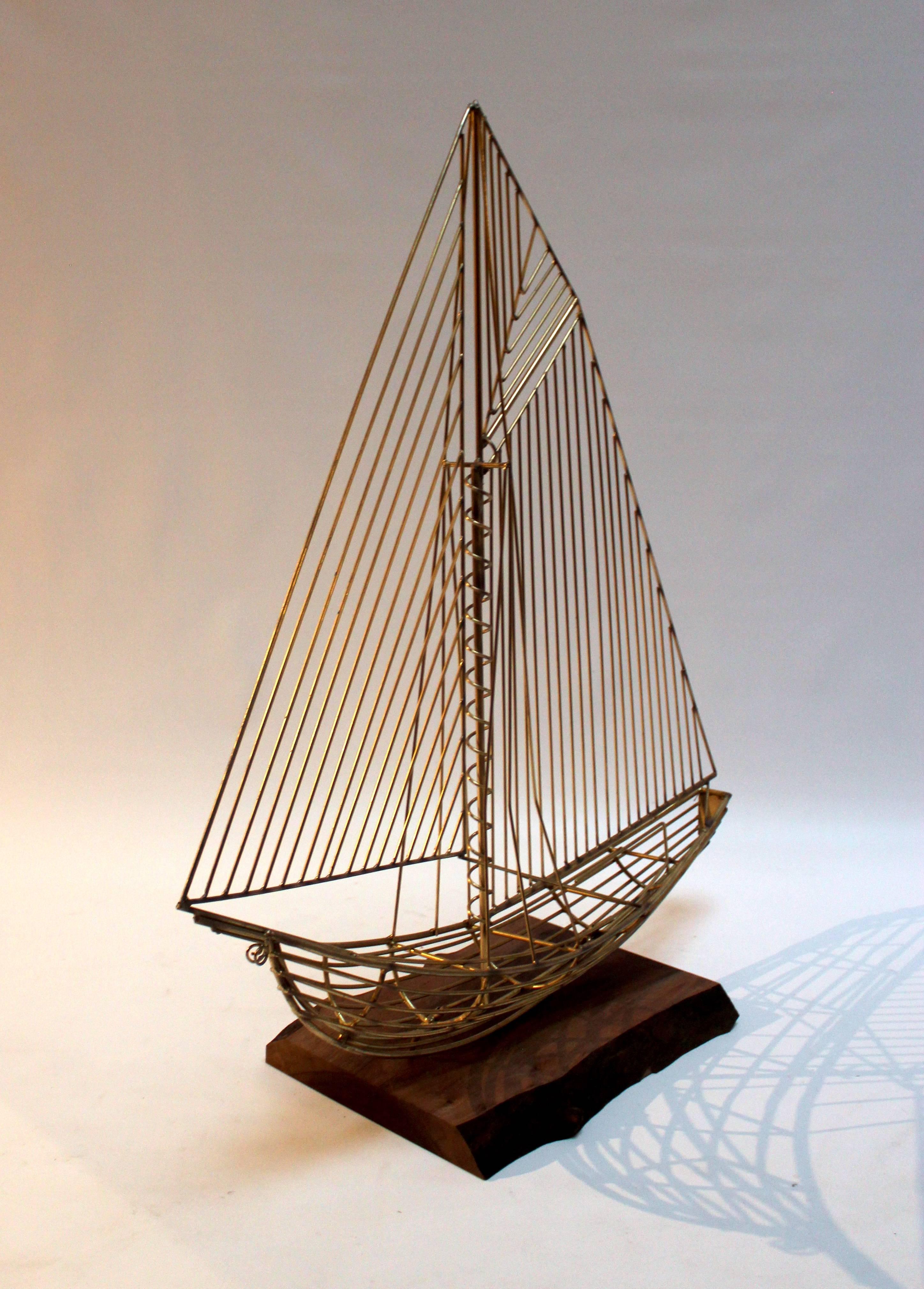 American C. Jere Wire Boat Sculpture with Walnut Stand