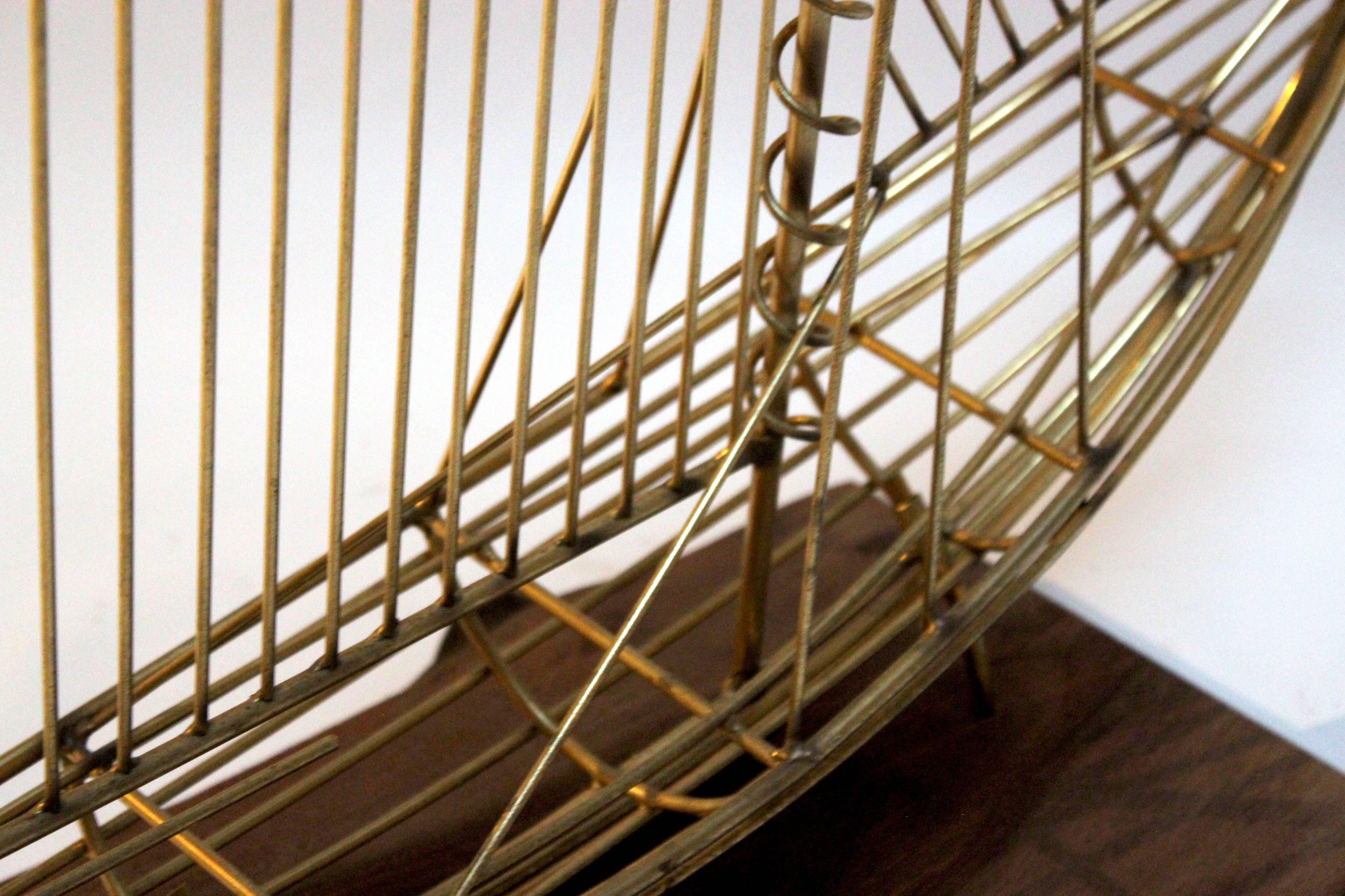 Brass C. Jere Wire Boat Sculpture with Walnut Stand