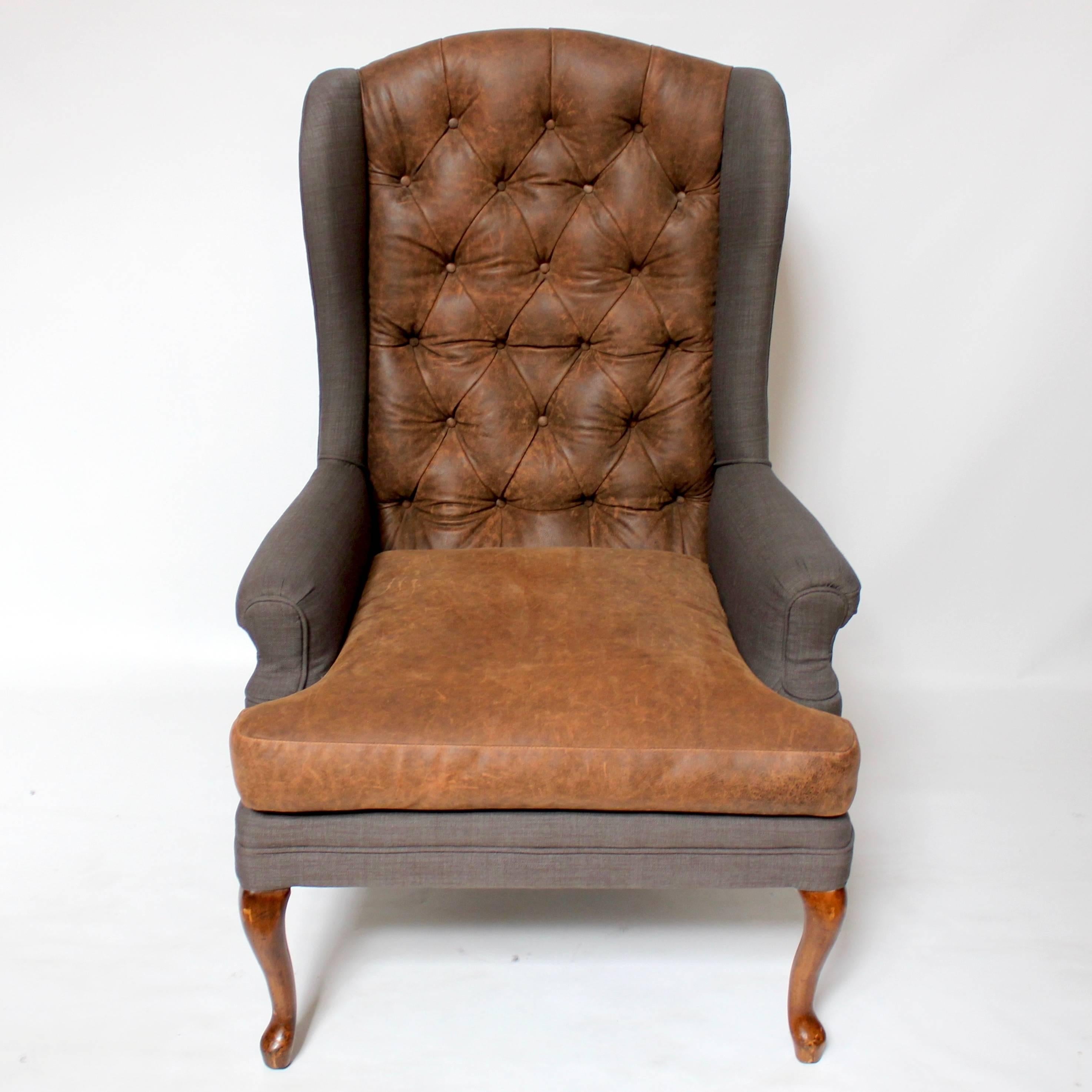 Chesterfield Pair of Vintage American Hardwood Wingback Chairs with Napa Leather Upholstery