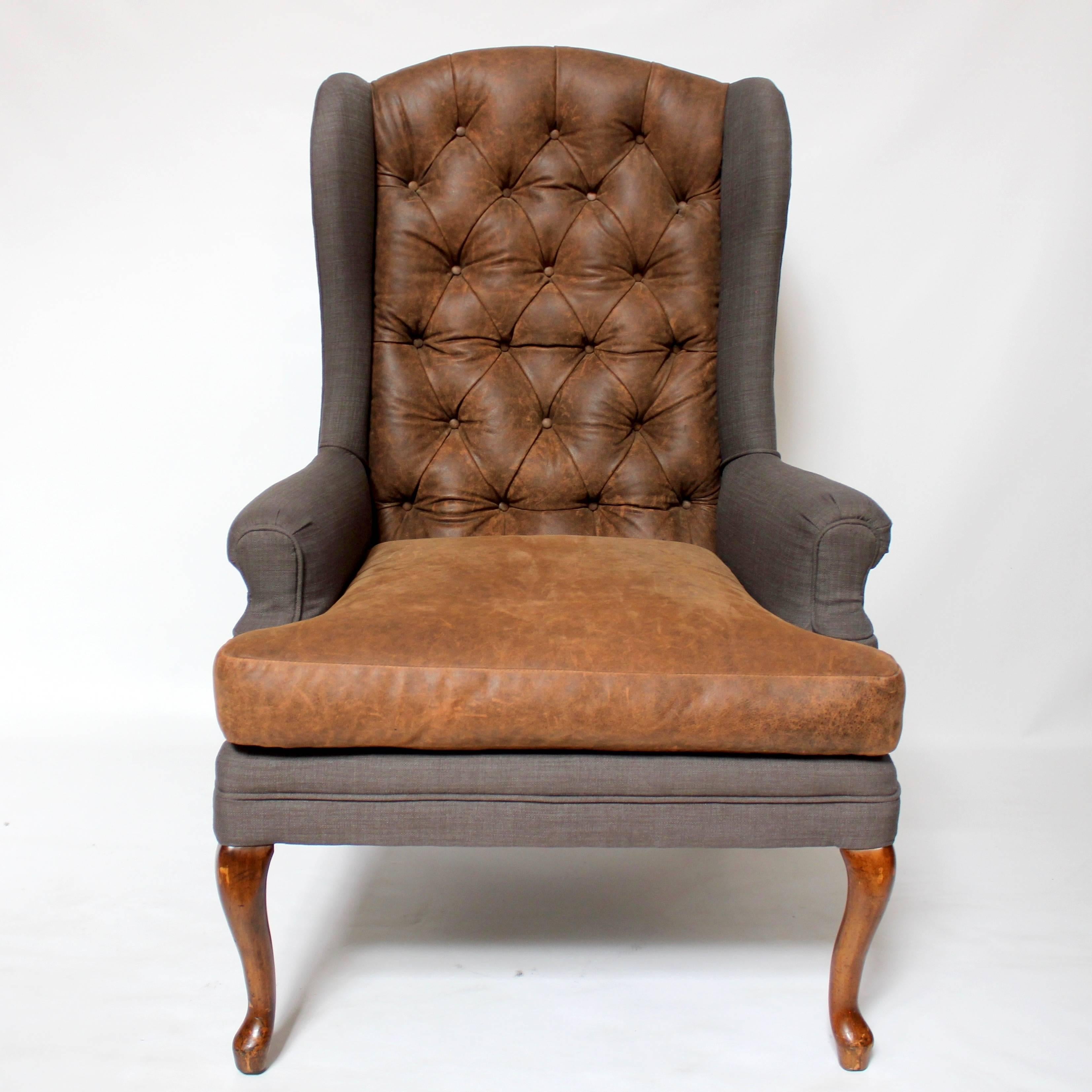 Pair of Vintage American Hardwood Wingback Chairs with Napa Leather Upholstery In Excellent Condition In Sacramento, CA