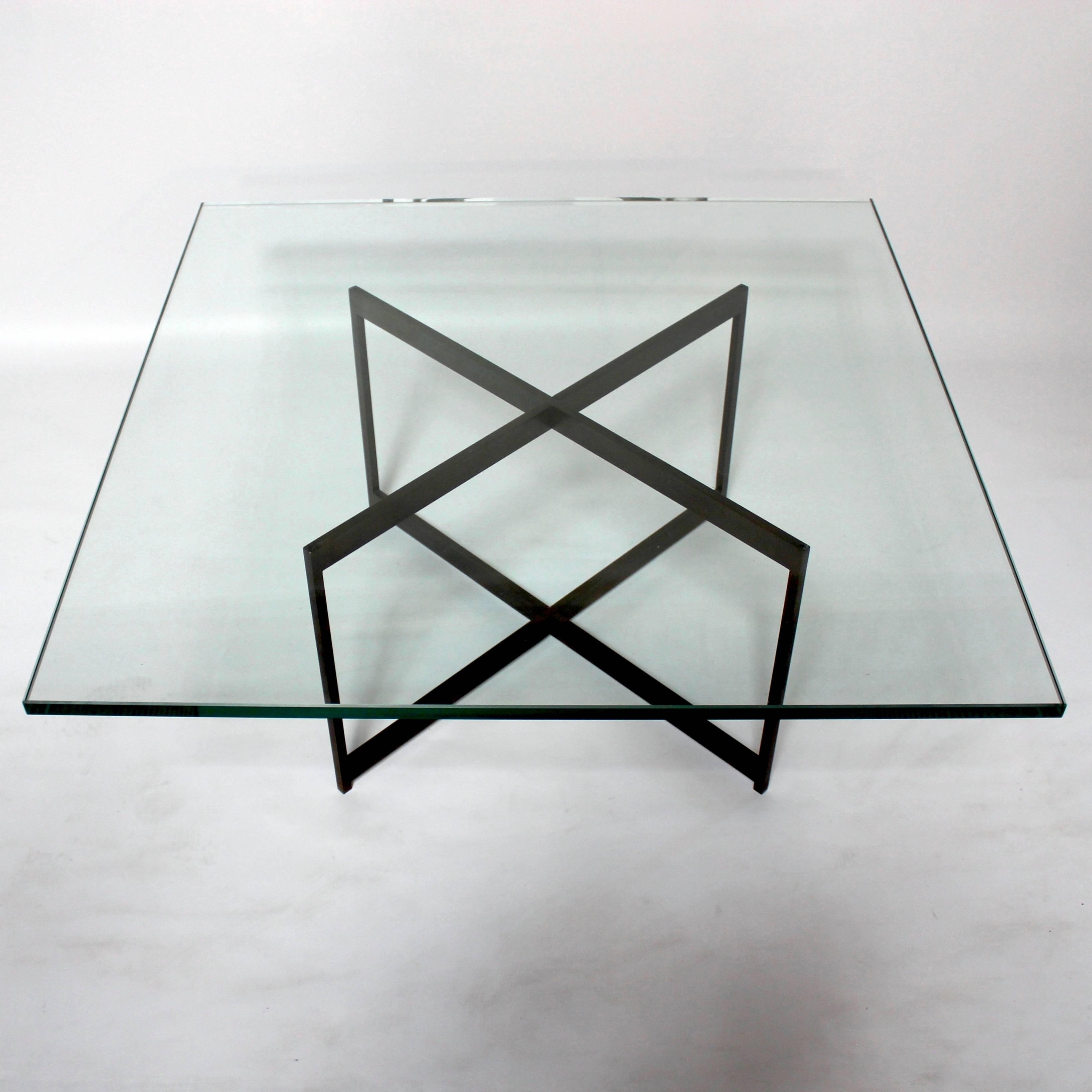 Mid-Century Modern bronze and glass X-base coffee table, in the style of Milo Baughman, Base is very heavy and solid, with no movement. Glass has a bevelled edge and is 3/4
