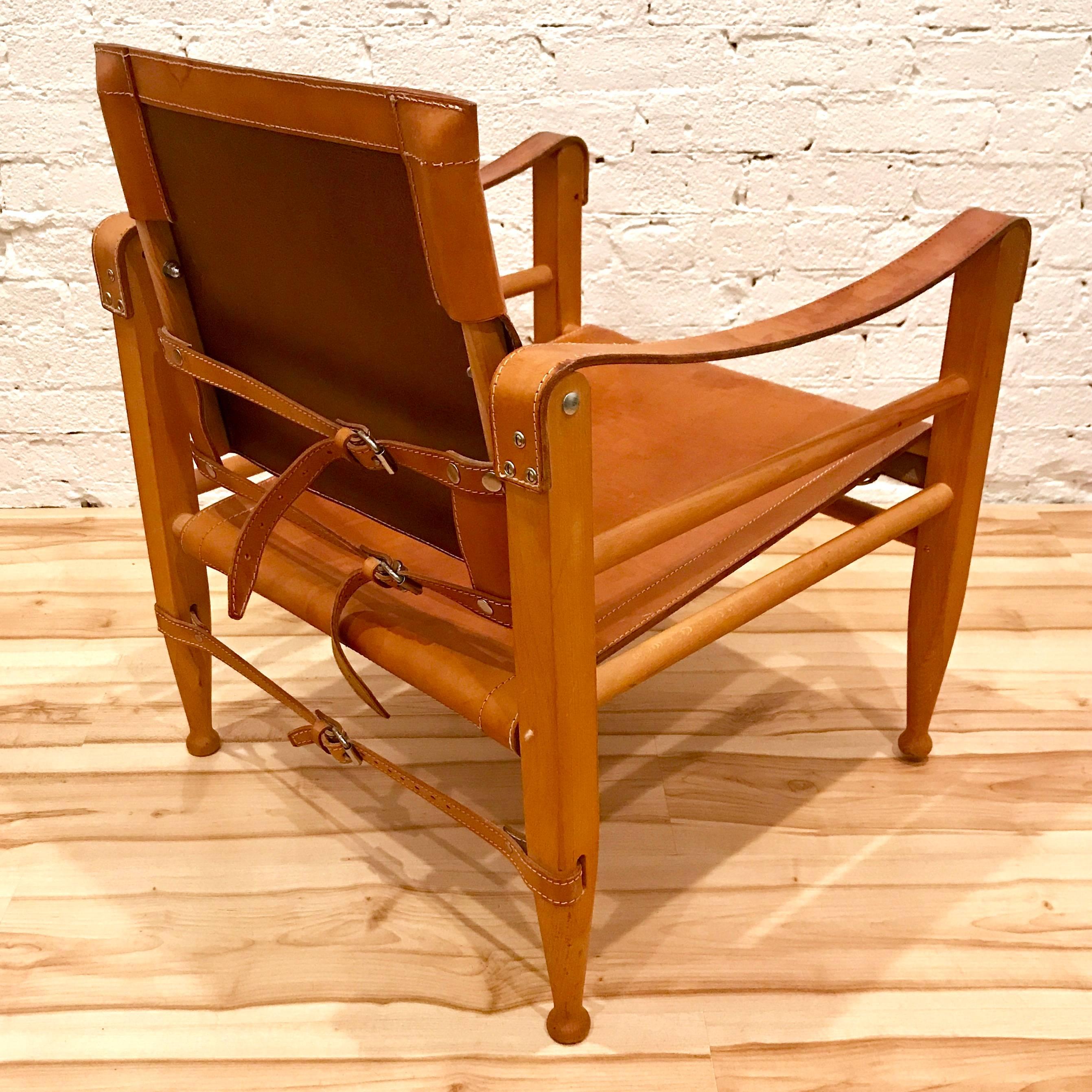 Pair of Danish Modern Wood and Leather Safari Chairs in the Style of Kaare Klint 1