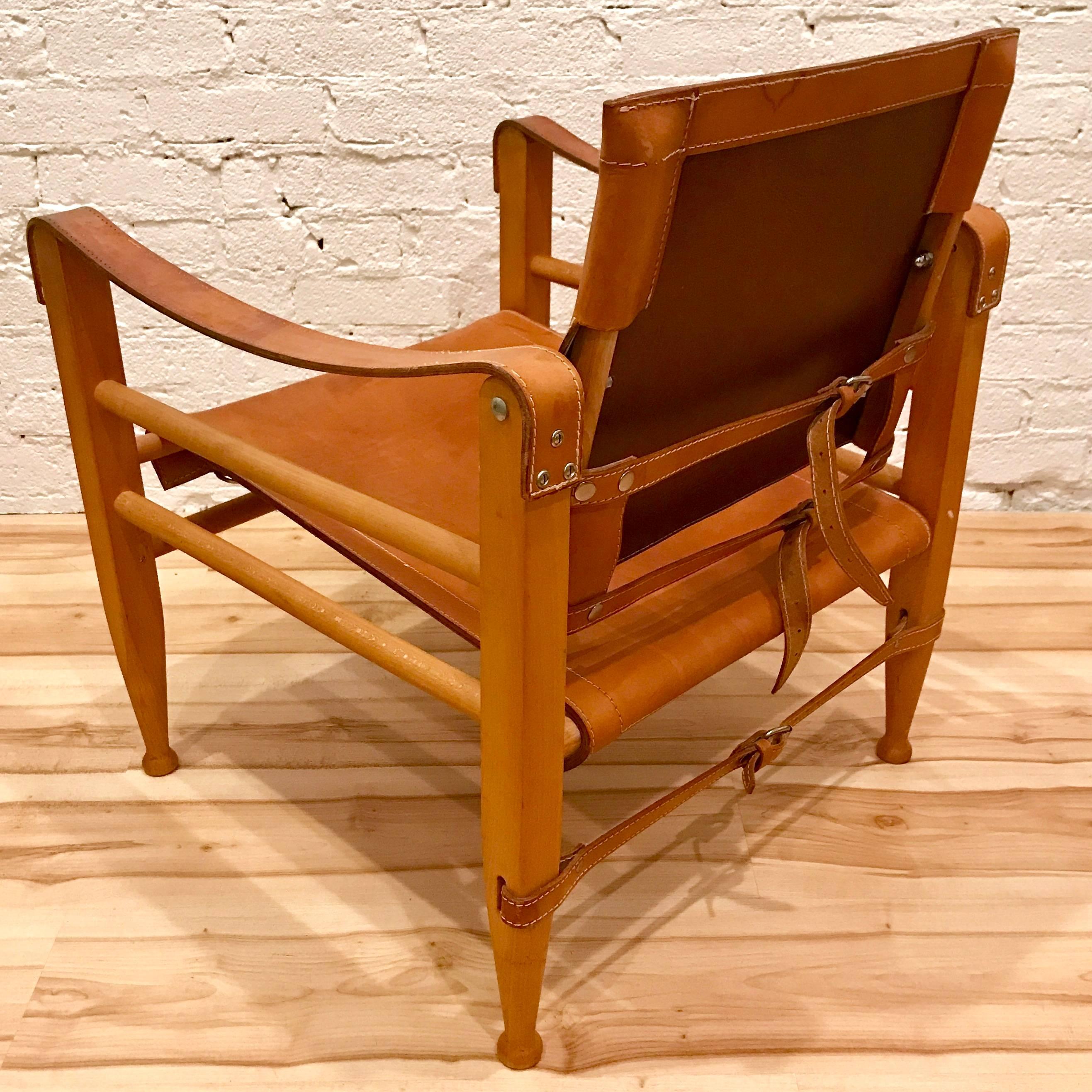 Pair of Danish Modern Wood and Leather Safari Chairs in the Style of Kaare Klint 2